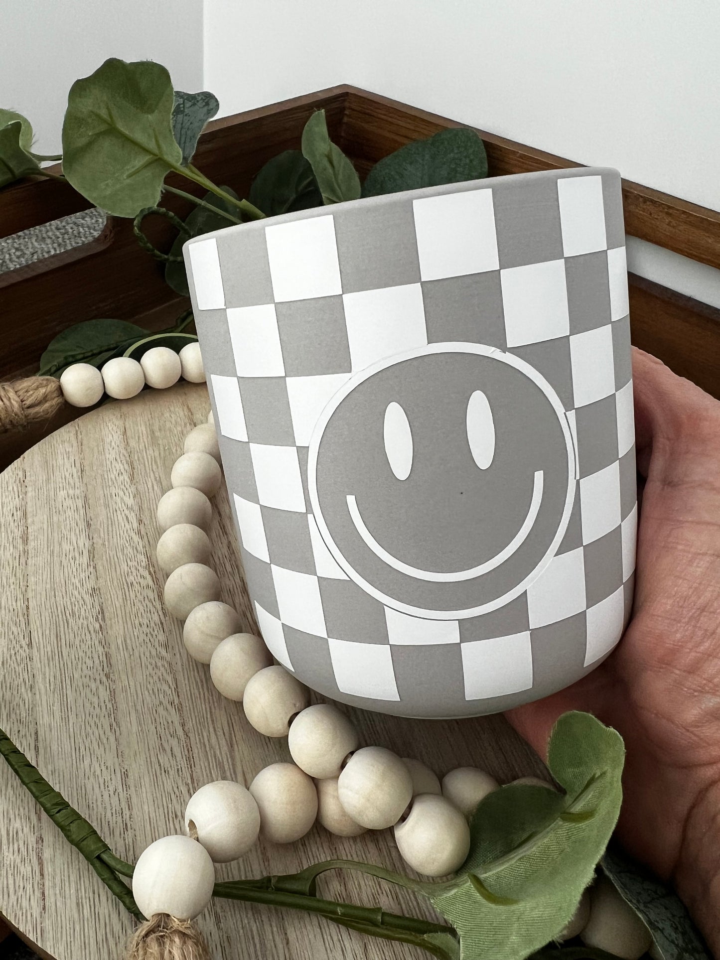 Checkered Smiley Ceramic Candle - ChambrayandSandCustomGifts