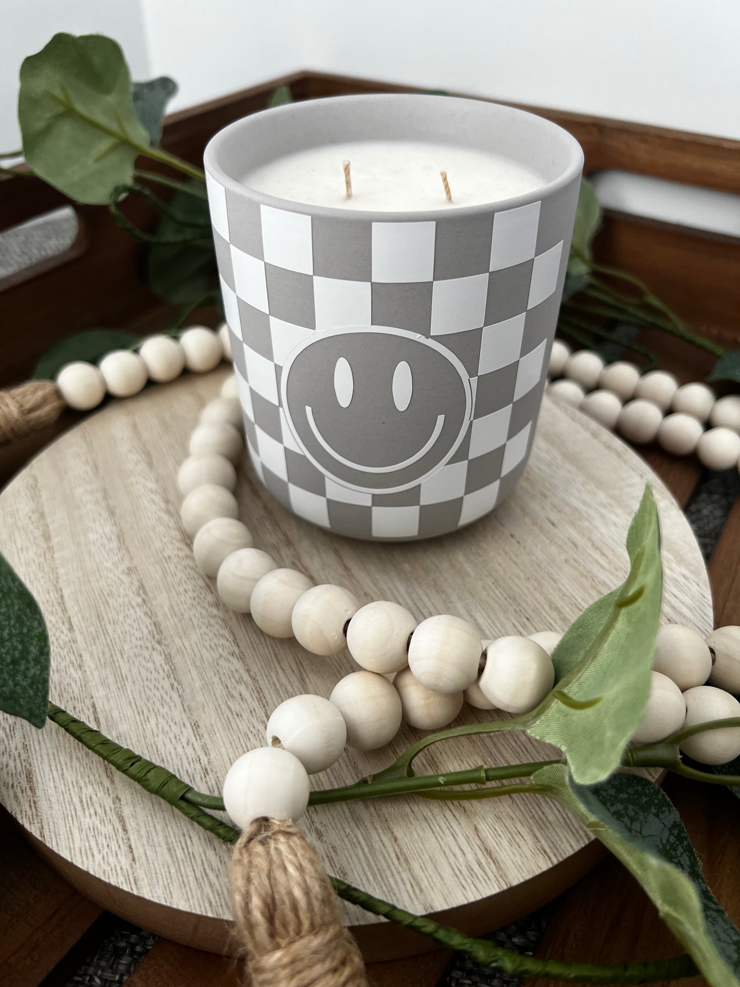 Checkered Smiley Ceramic Candle - ChambrayandSandCustomGifts