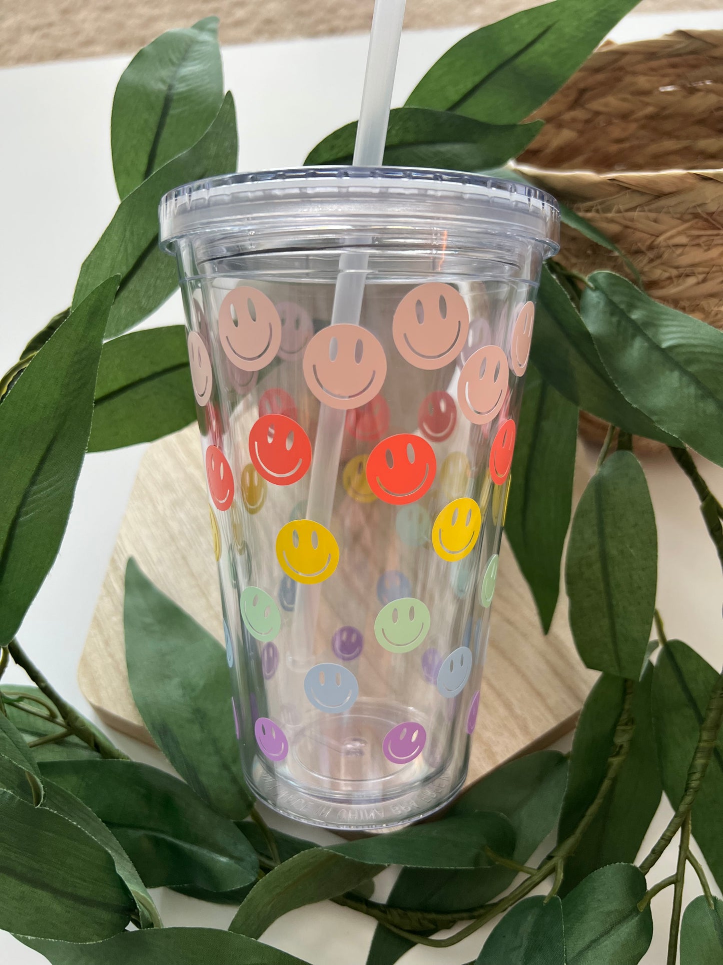 Double Insulated Cascading Rainbow Smiley Tumbler 16oz with Straw - ChambrayandSandCustomGifts