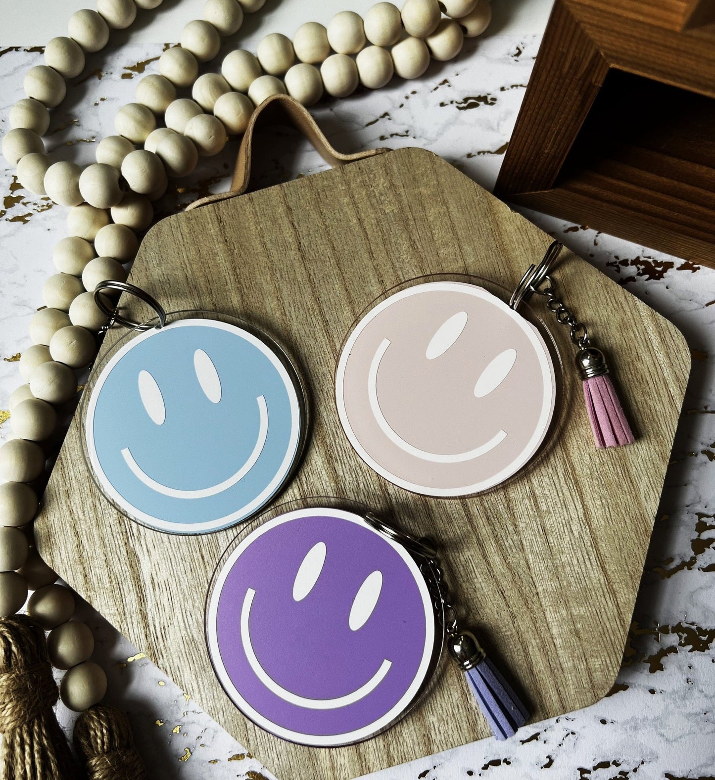 Acrylic Smiley Keychain | Backpack Acrylic Smiley Tag| 3 inch round smiley keychain - ChambrayandSandCustomGifts