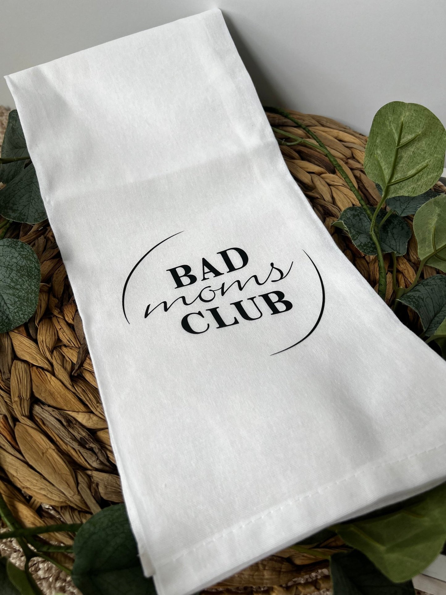 Bad Moms Club Graphic Kitchen Towel | Flour sack kitchen towel with custom Bad Mom's Club Logo - ChambrayandSandCustomGifts