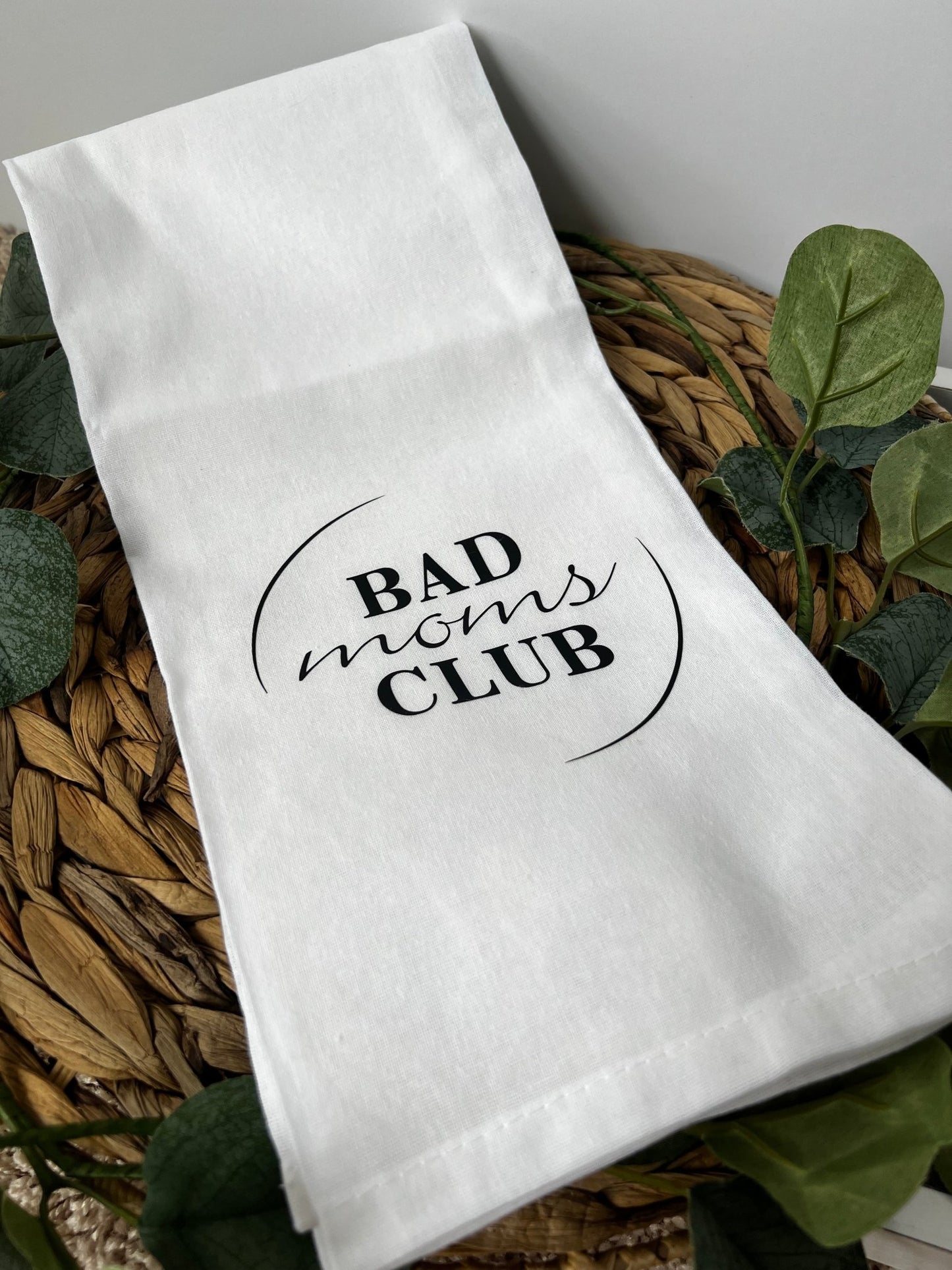 Bad Moms Club Graphic Kitchen Towel | Flour sack kitchen towel with custom Bad Mom's Club Logo - ChambrayandSandCustomGifts