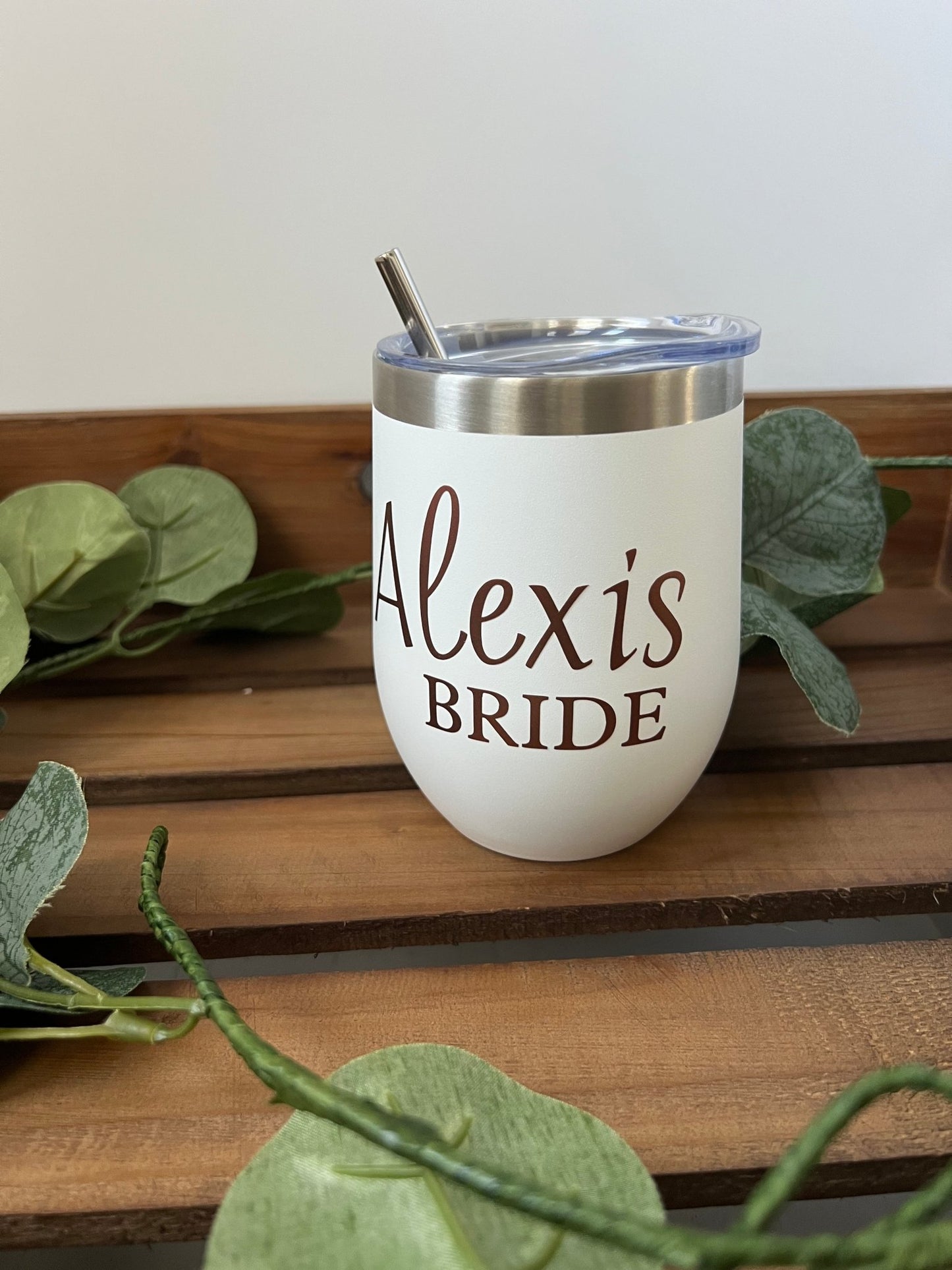 Personalized bride or bridesmaid 12oz insulated wine tumbler - ChambrayandSandCustomGifts