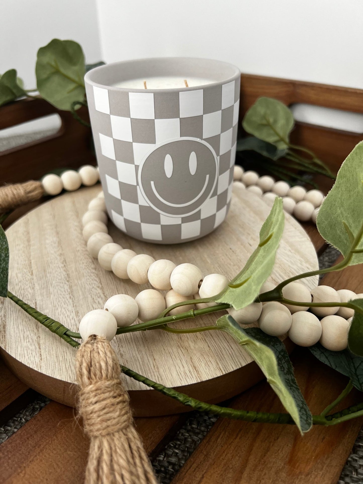 Checkered Smiley Ceramic Candle - ChambrayandSandCustomGifts