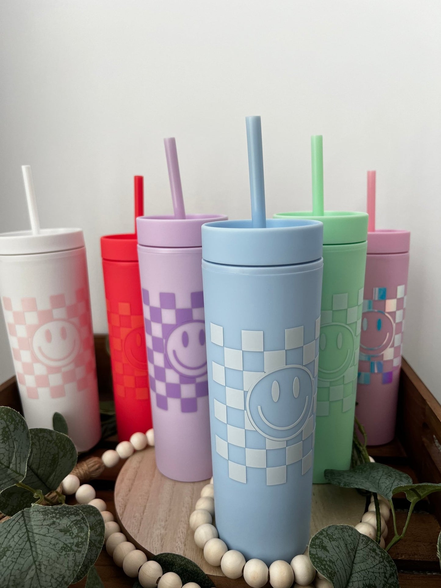 Checkered Smiley Skinny Tumbler - ChambrayandSandCustomGifts