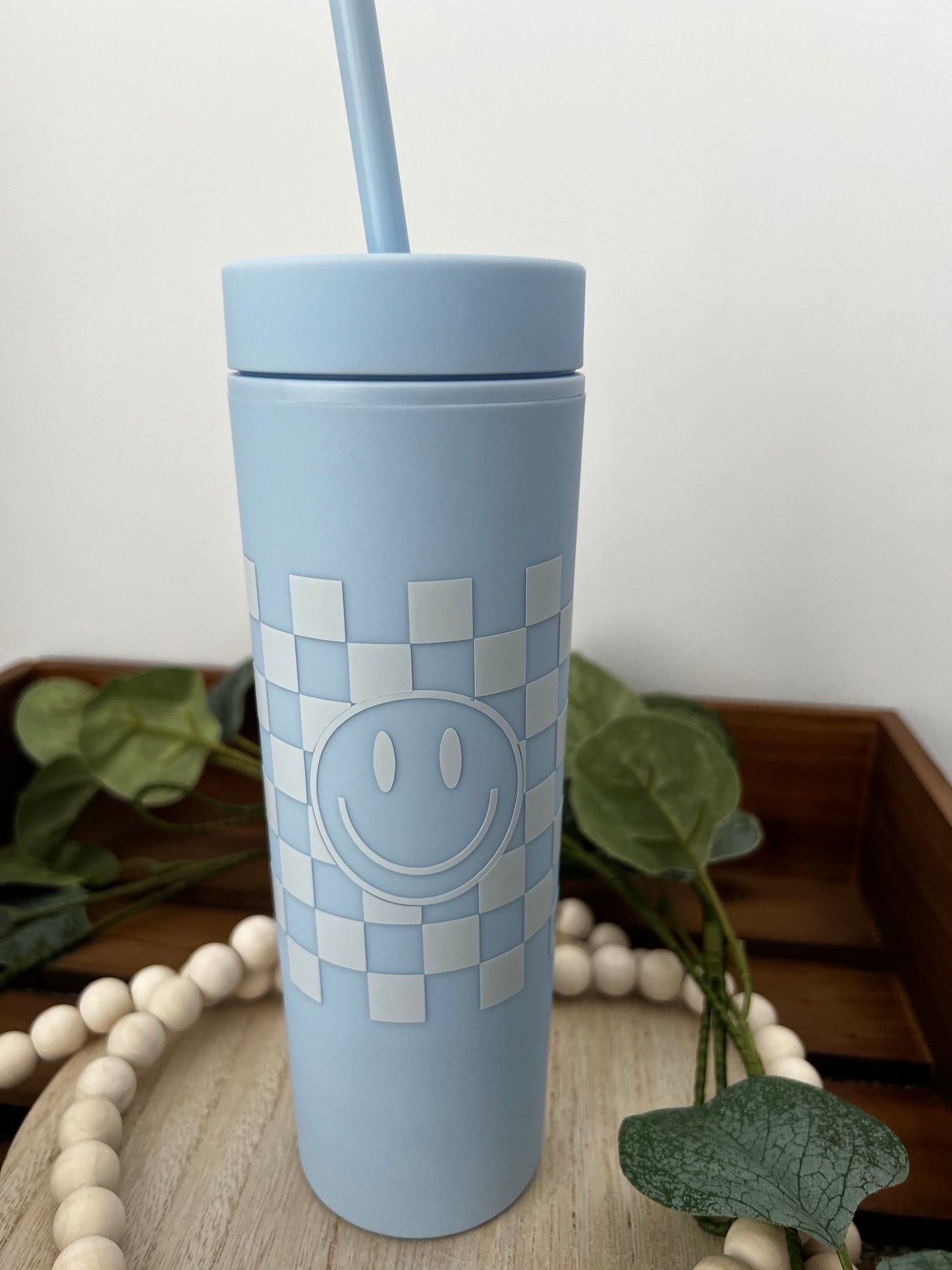 Checkered Smiley Skinny Tumbler - ChambrayandSandCustomGifts