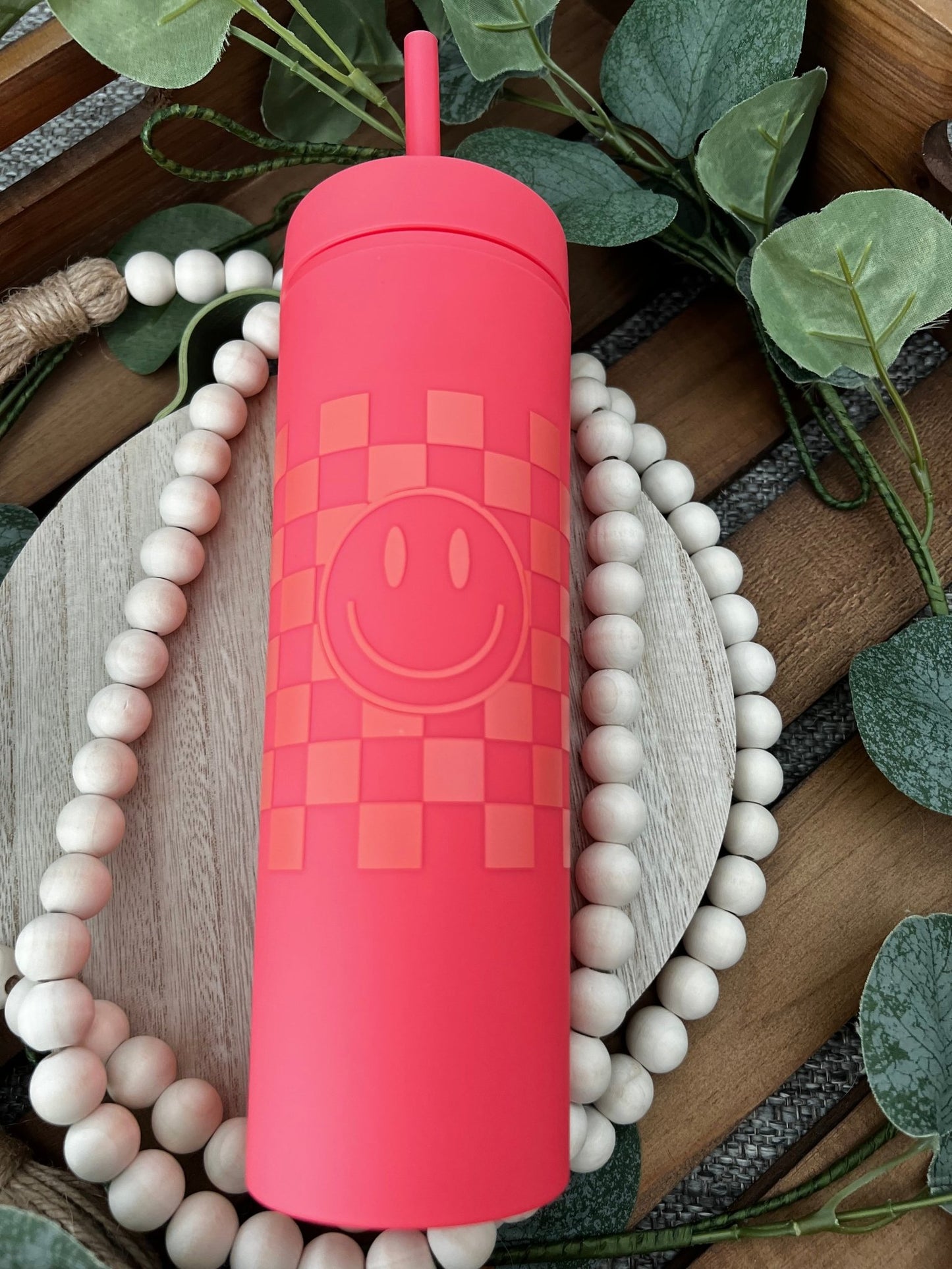 Checkered Smiley Skinny Tumbler - ChambrayandSandCustomGifts
