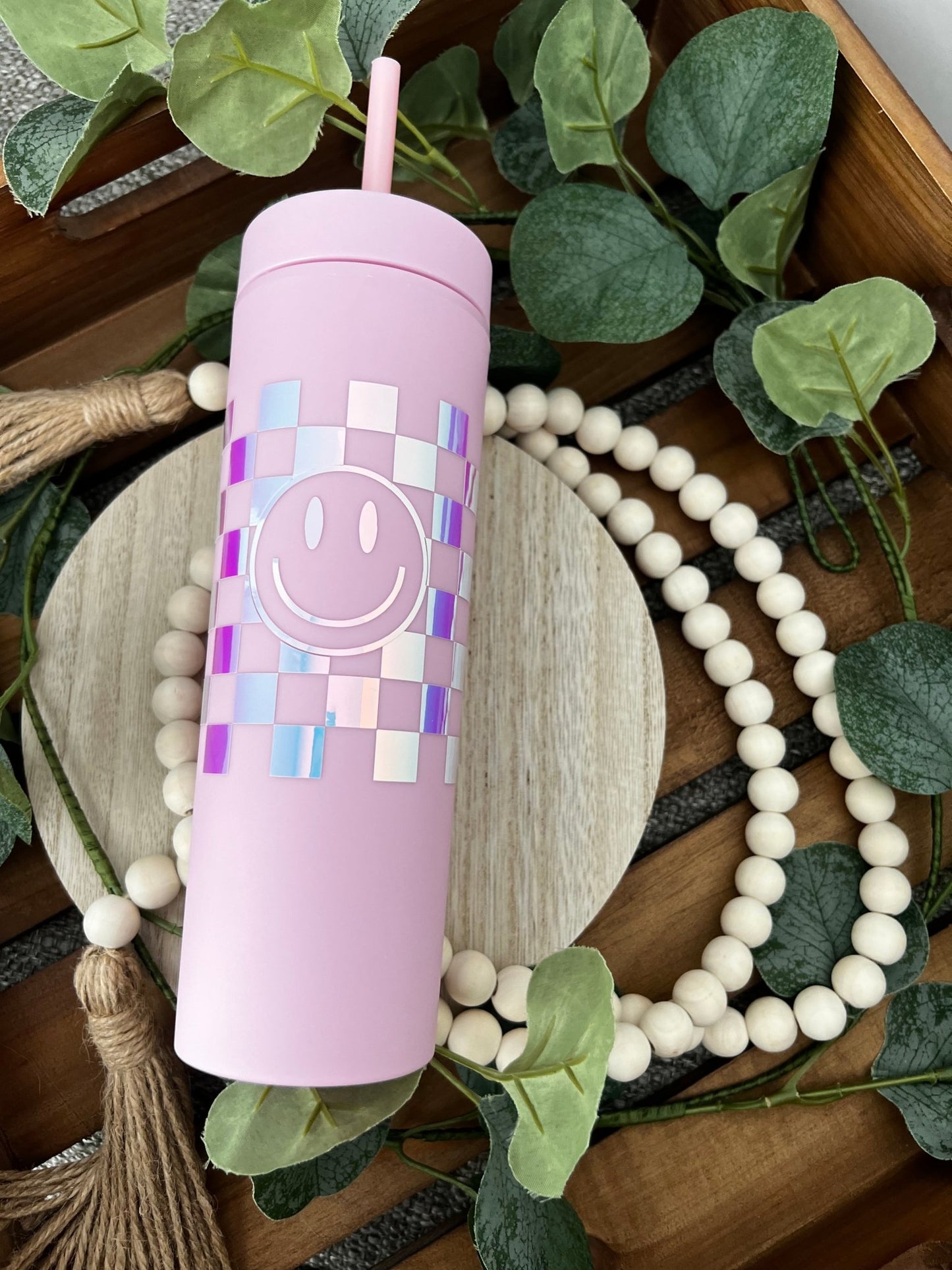 Checkered Smiley Skinny Tumbler - ChambrayandSandCustomGifts