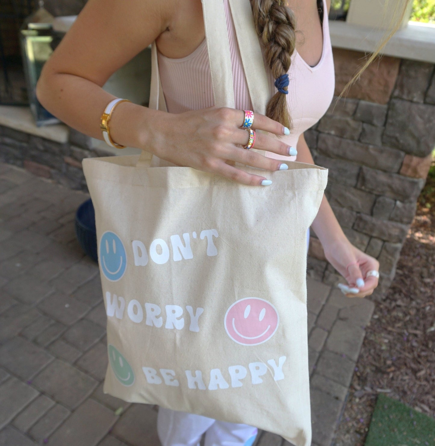 Don't Worry Be Happy Cotton Market Tote Bag - ChambrayandSandCustomGifts