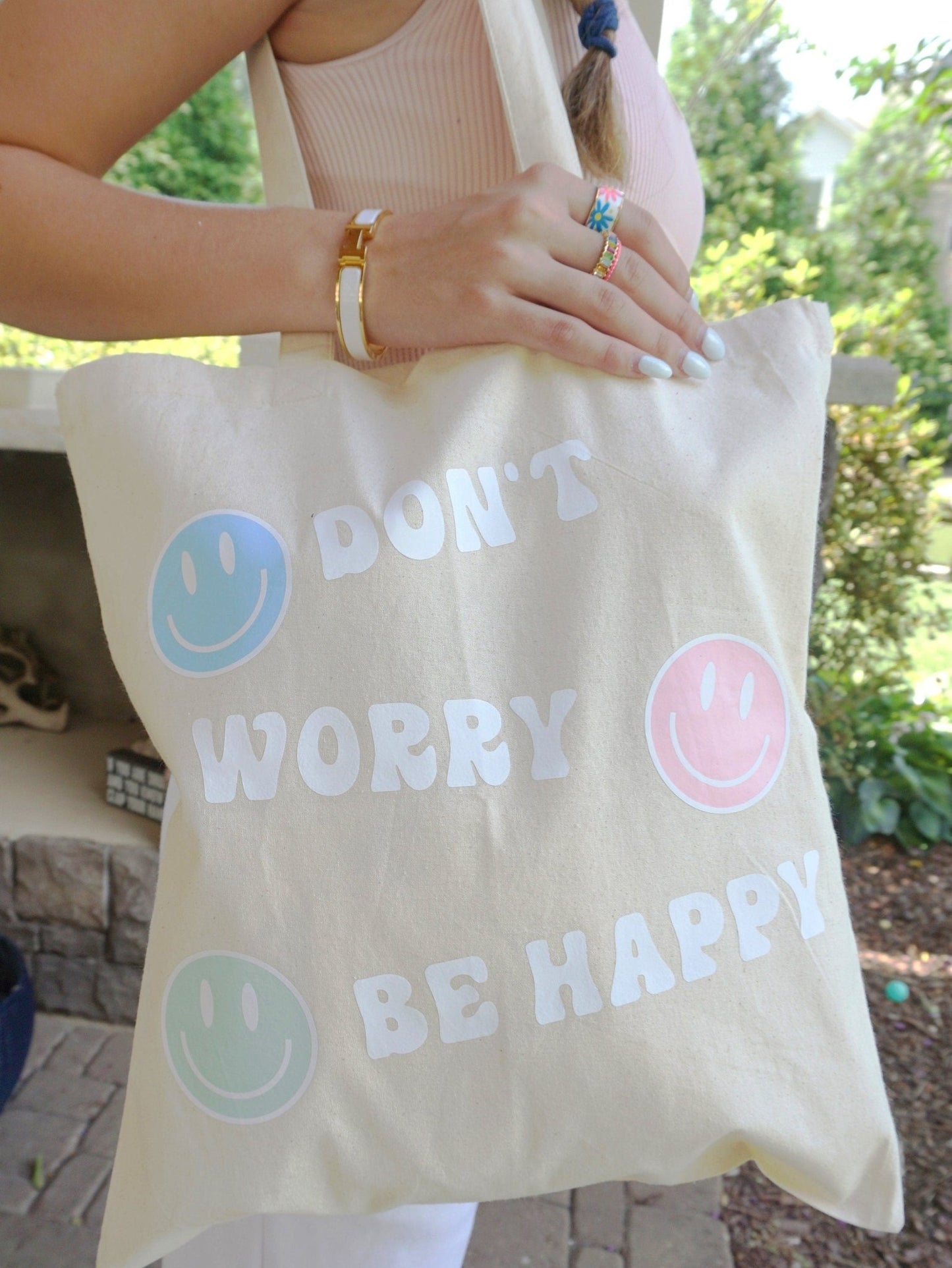 Don't Worry Be Happy Cotton Market Tote Bag - ChambrayandSandCustomGifts