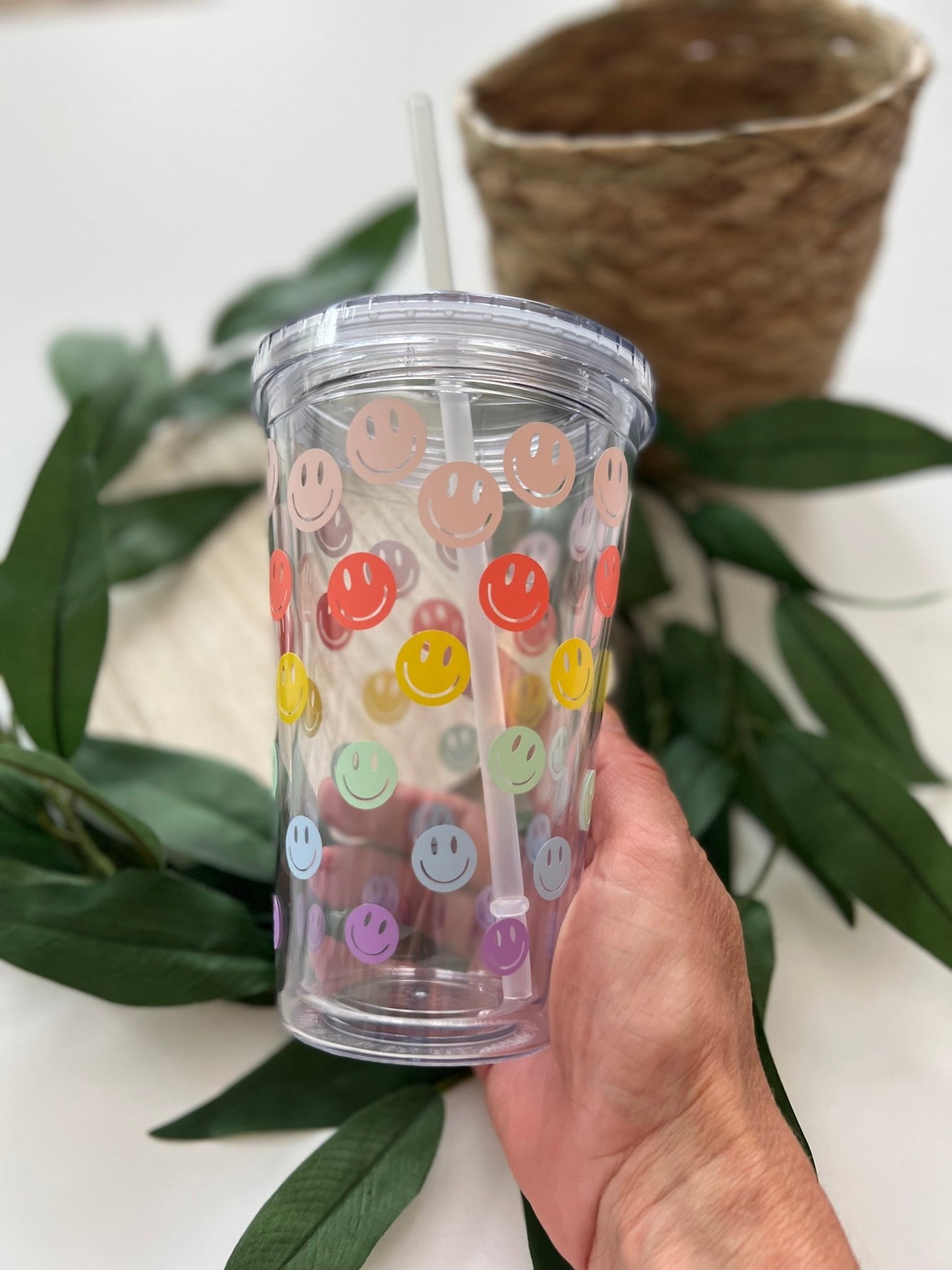 Double Insulated Cascading Rainbow Smiley Tumbler 16oz with Straw - ChambrayandSandCustomGifts