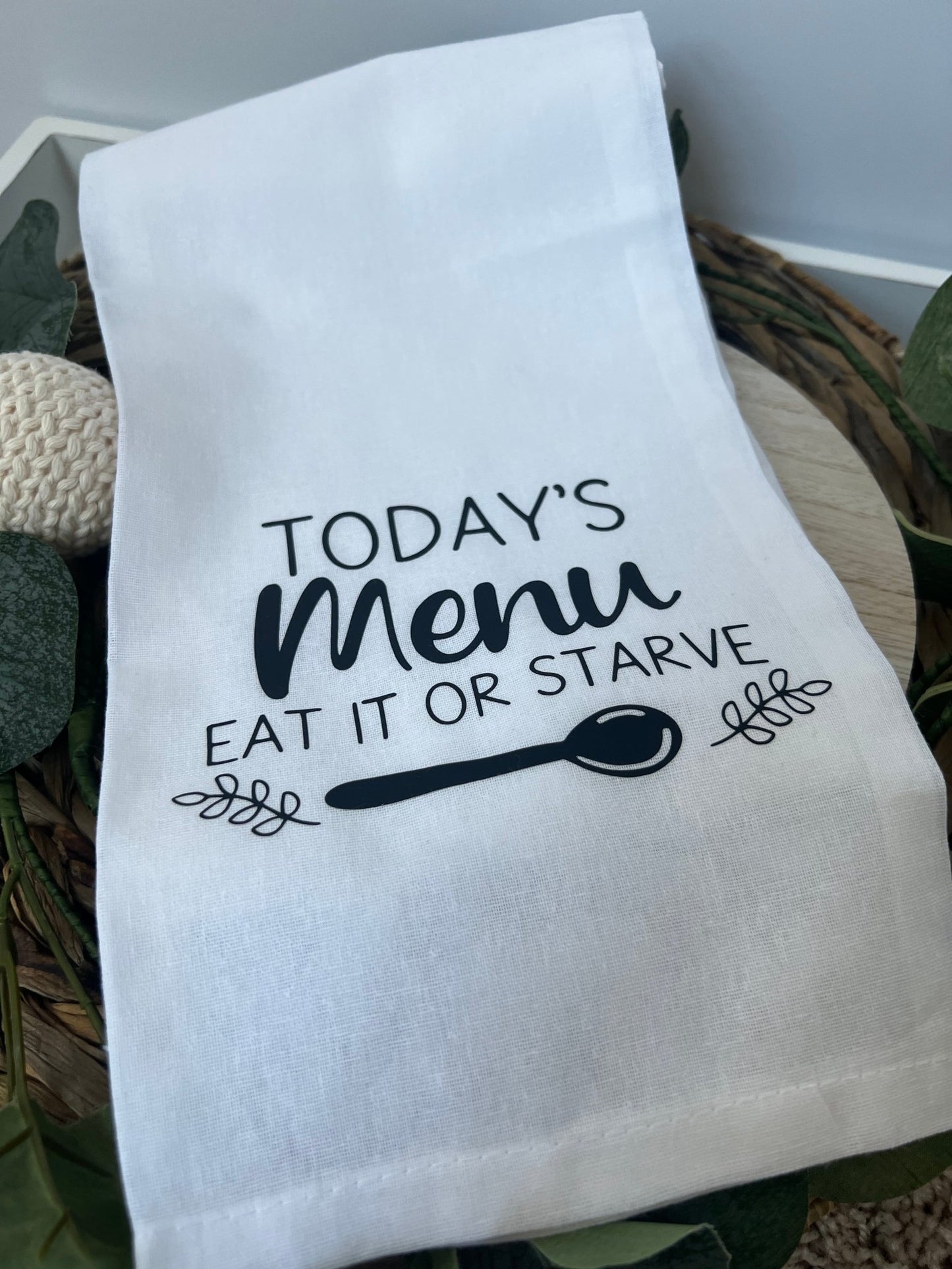 Eat It or Starve Graphic Kitchen Towel | Flour sack kitchen towel with custom logo - ChambrayandSandCustomGifts