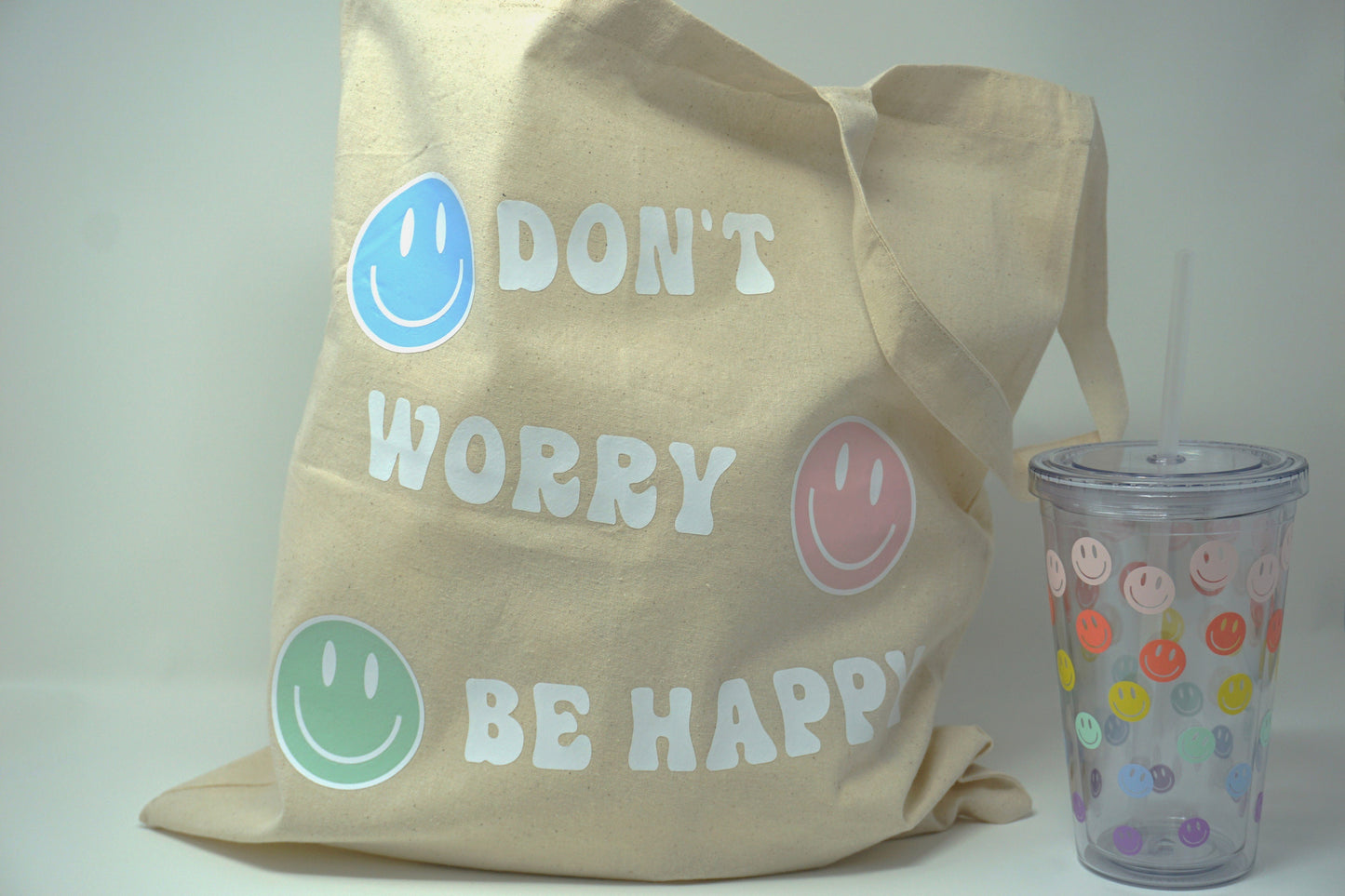 Don't Worry Be Happy Cotton Market Tote Bag - ChambrayandSandCustomGifts