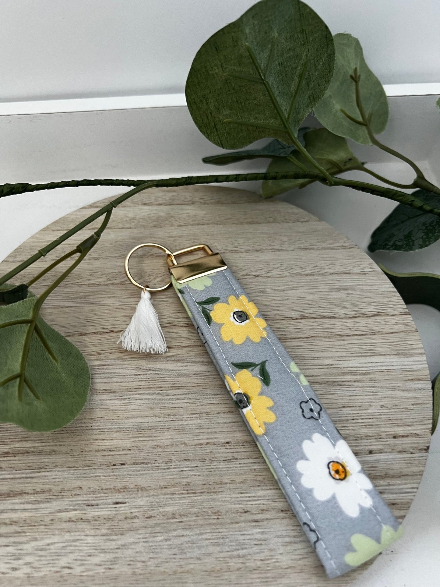 Key Fob Wristlet | Handmade in limited edition fabric grey with flowers| cotton quilted wristlet - ChambrayandSandCustomGifts