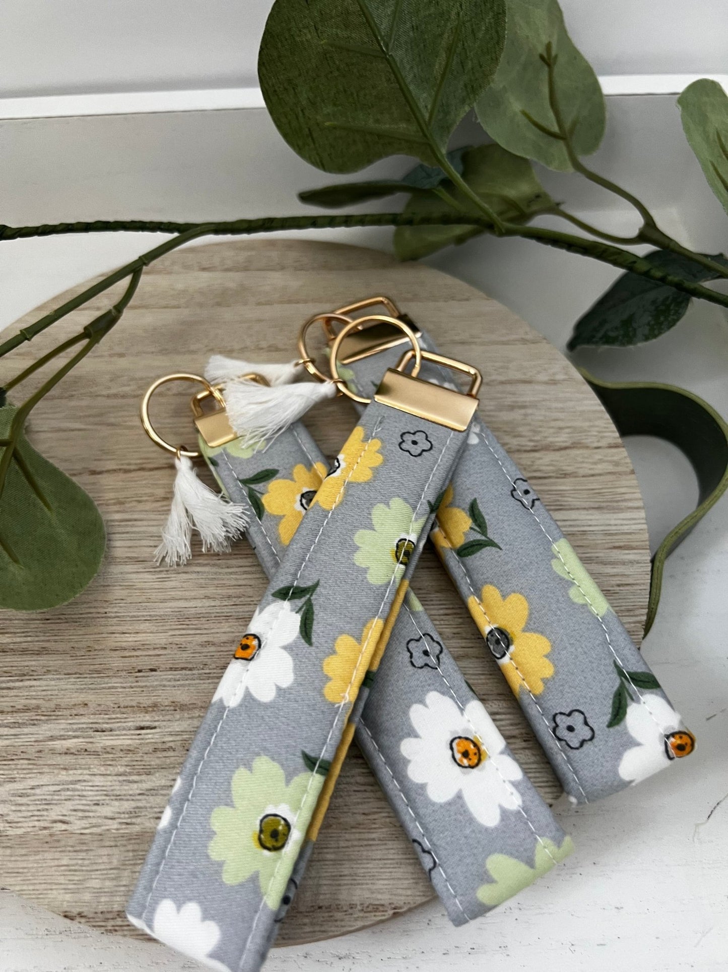 Key Fob Wristlet | Handmade in limited edition fabric grey with flowers| cotton quilted wristlet - ChambrayandSandCustomGifts