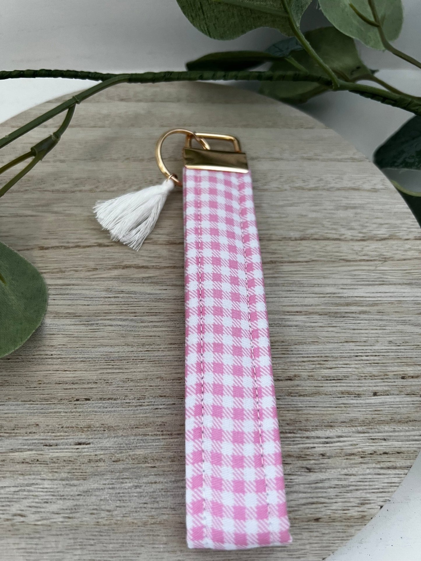 Key Fob Wristlet | Handmade in limited edition fabric pink gingham| cotton quilted wristlet - ChambrayandSandCustomGifts