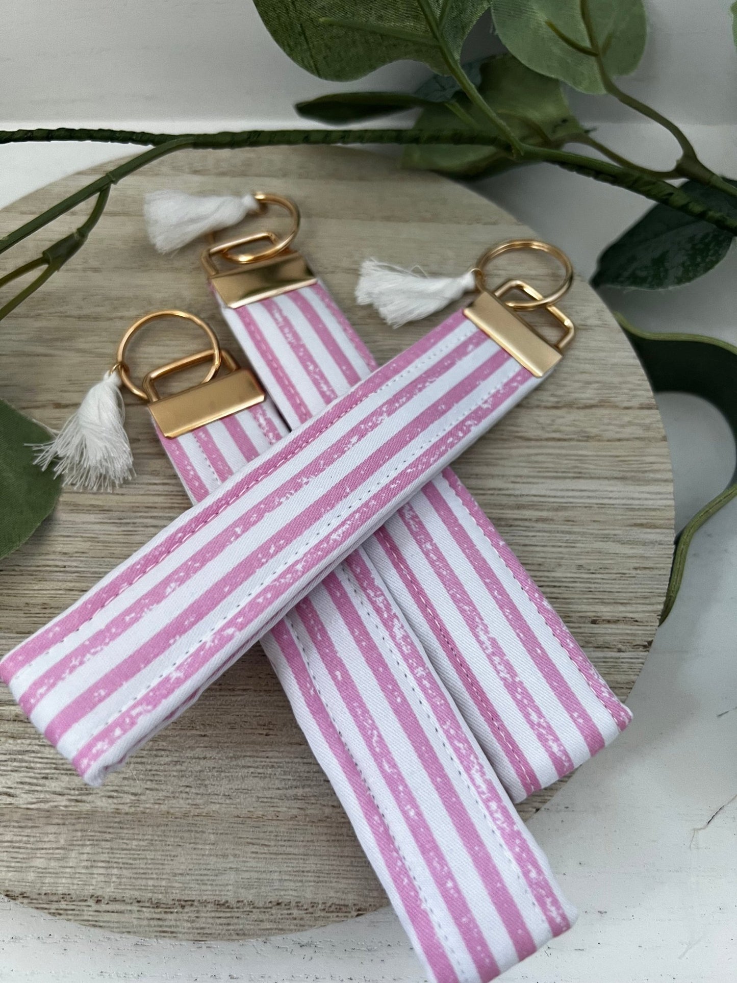 Key Fob Wristlet | Handmade in limited edition fabric pink stripe| cotton quilted wristlet - ChambrayandSandCustomGifts