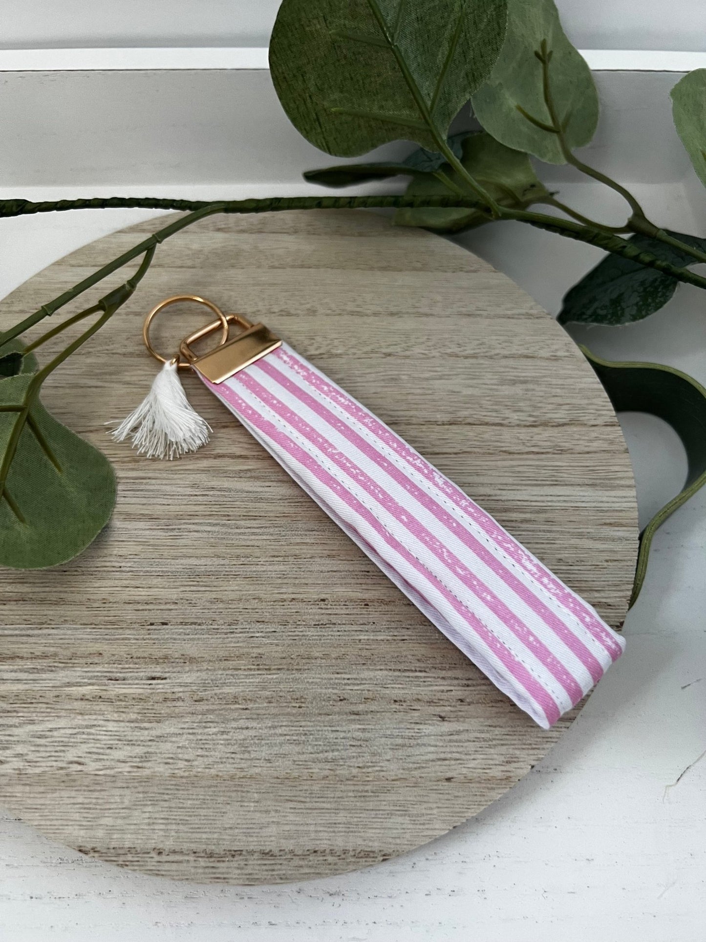 Key Fob Wristlet | Handmade in limited edition fabric pink stripe| cotton quilted wristlet - ChambrayandSandCustomGifts