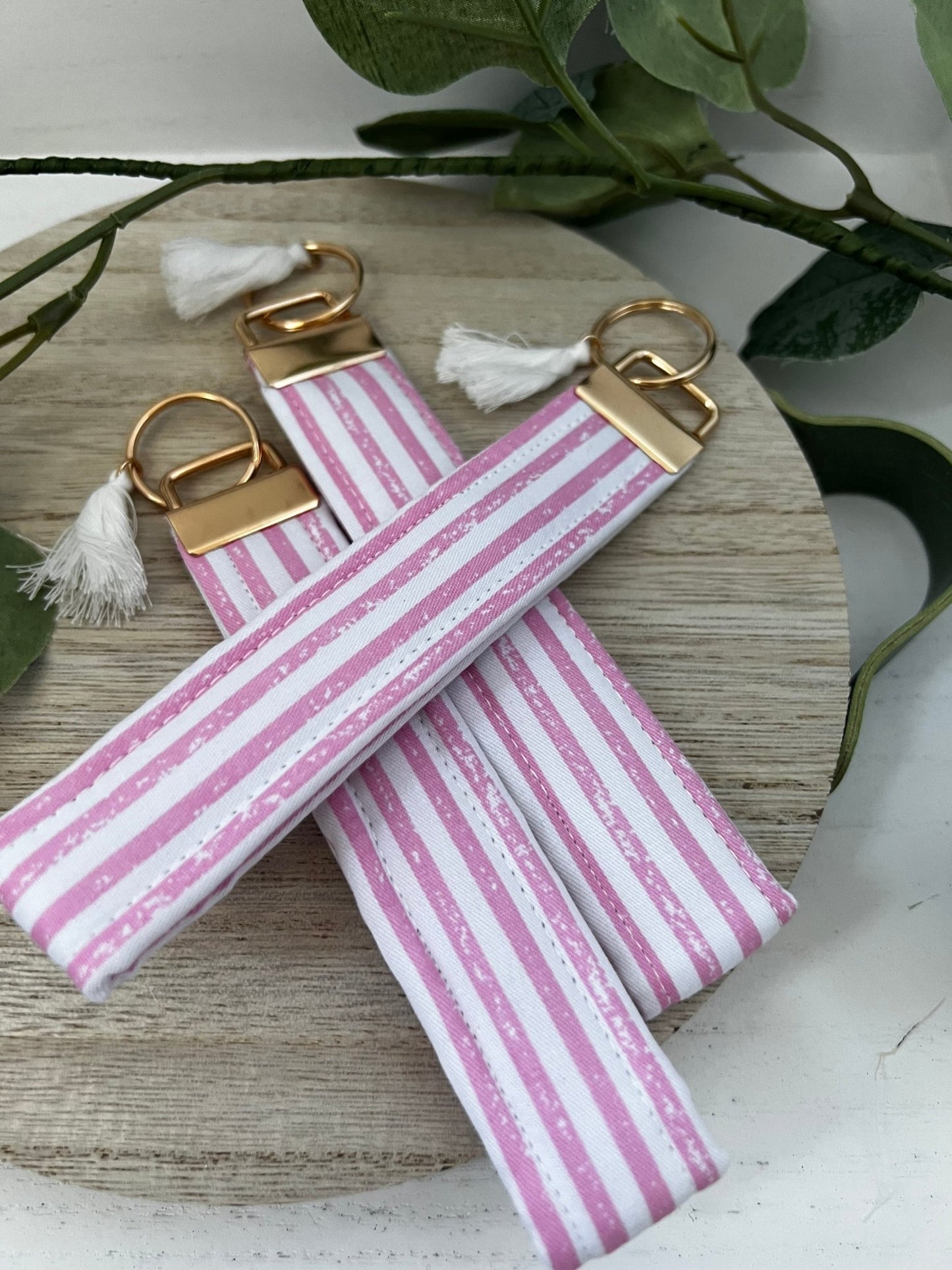 Key Fob Wristlet | Handmade in limited edition fabric pink stripe| cotton quilted wristlet - ChambrayandSandCustomGifts