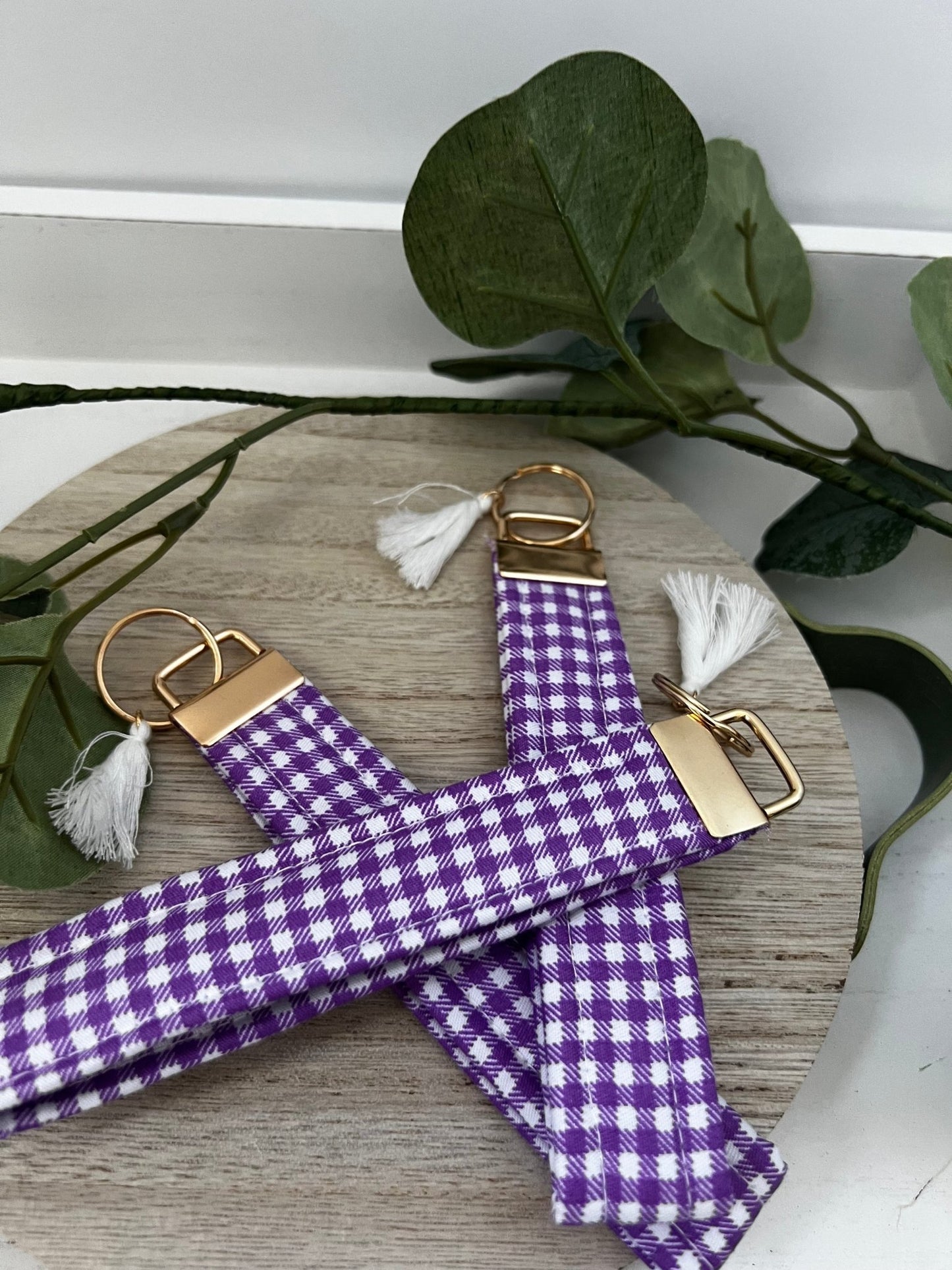 Key Fob Wristlet | Handmade in limited edition fabric purple gingham| cotton quilted wristlet - ChambrayandSandCustomGifts