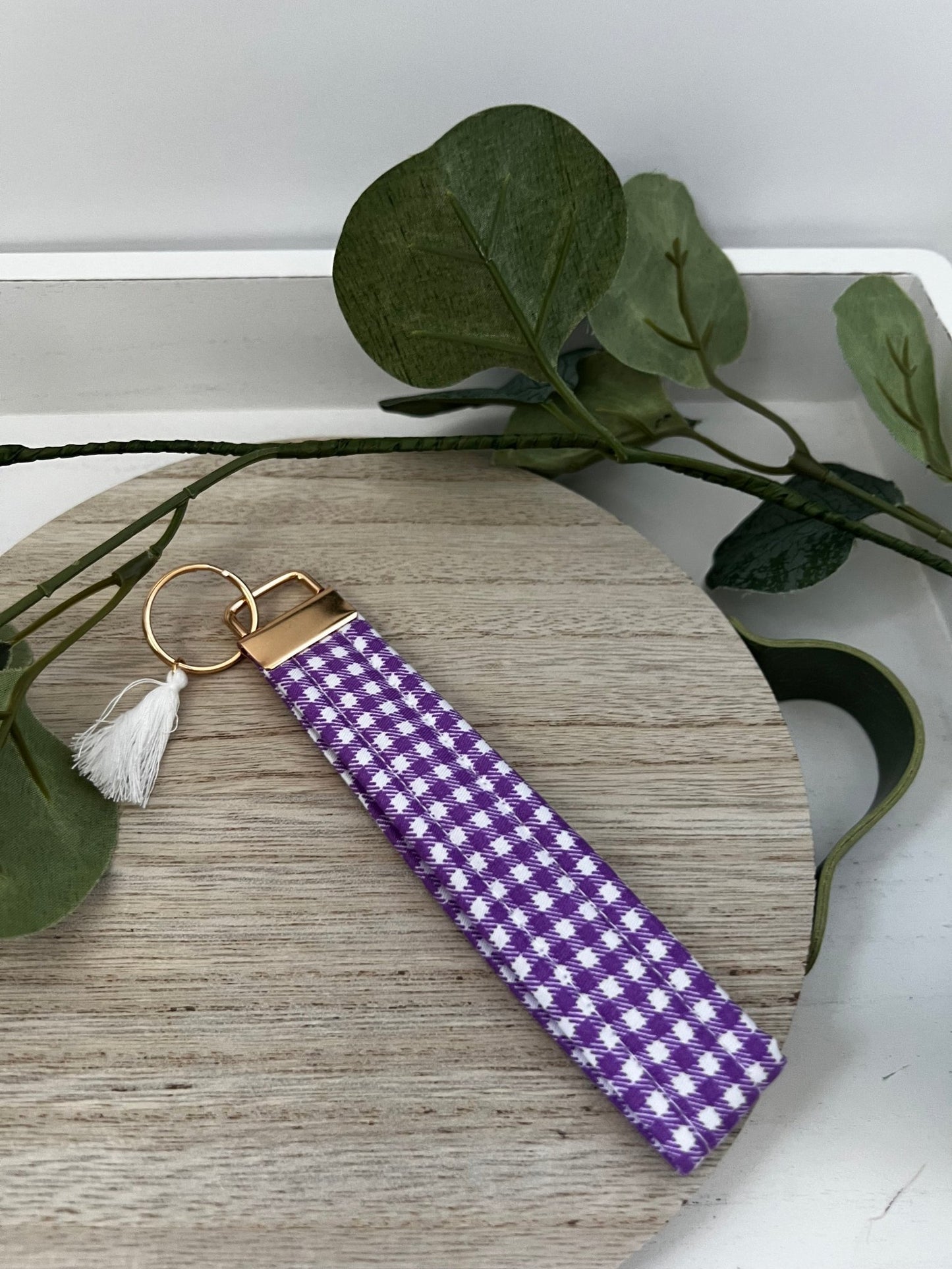 Key Fob Wristlet | Handmade in limited edition fabric purple gingham| cotton quilted wristlet - ChambrayandSandCustomGifts