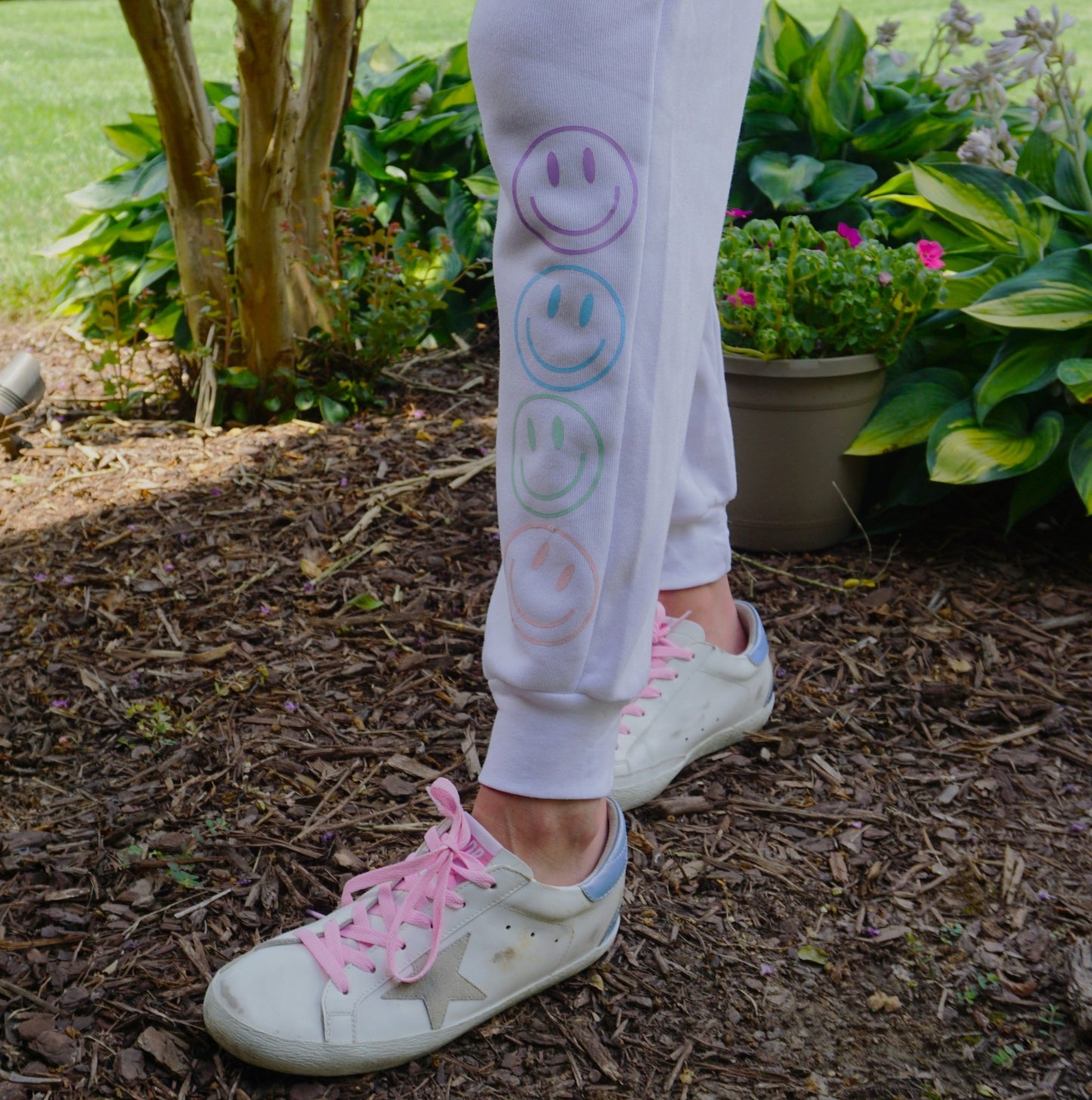 Pastel Smile Outline trendy and unique jogger style sweatpants with pockets - ChambrayandSandCustomGifts