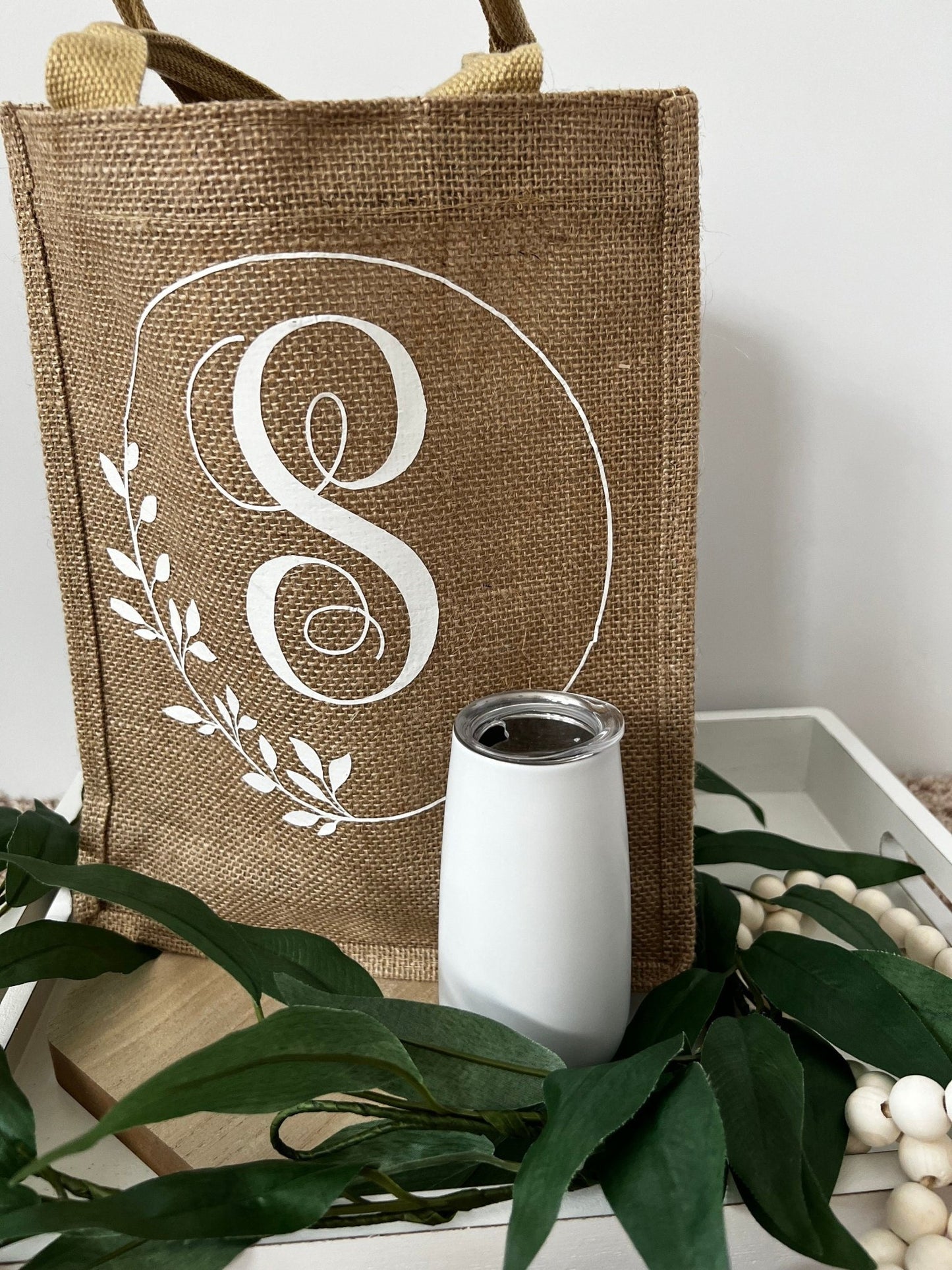 Personalized burlap tote bag with custom initial and detailing - ChambrayandSandCustomGifts