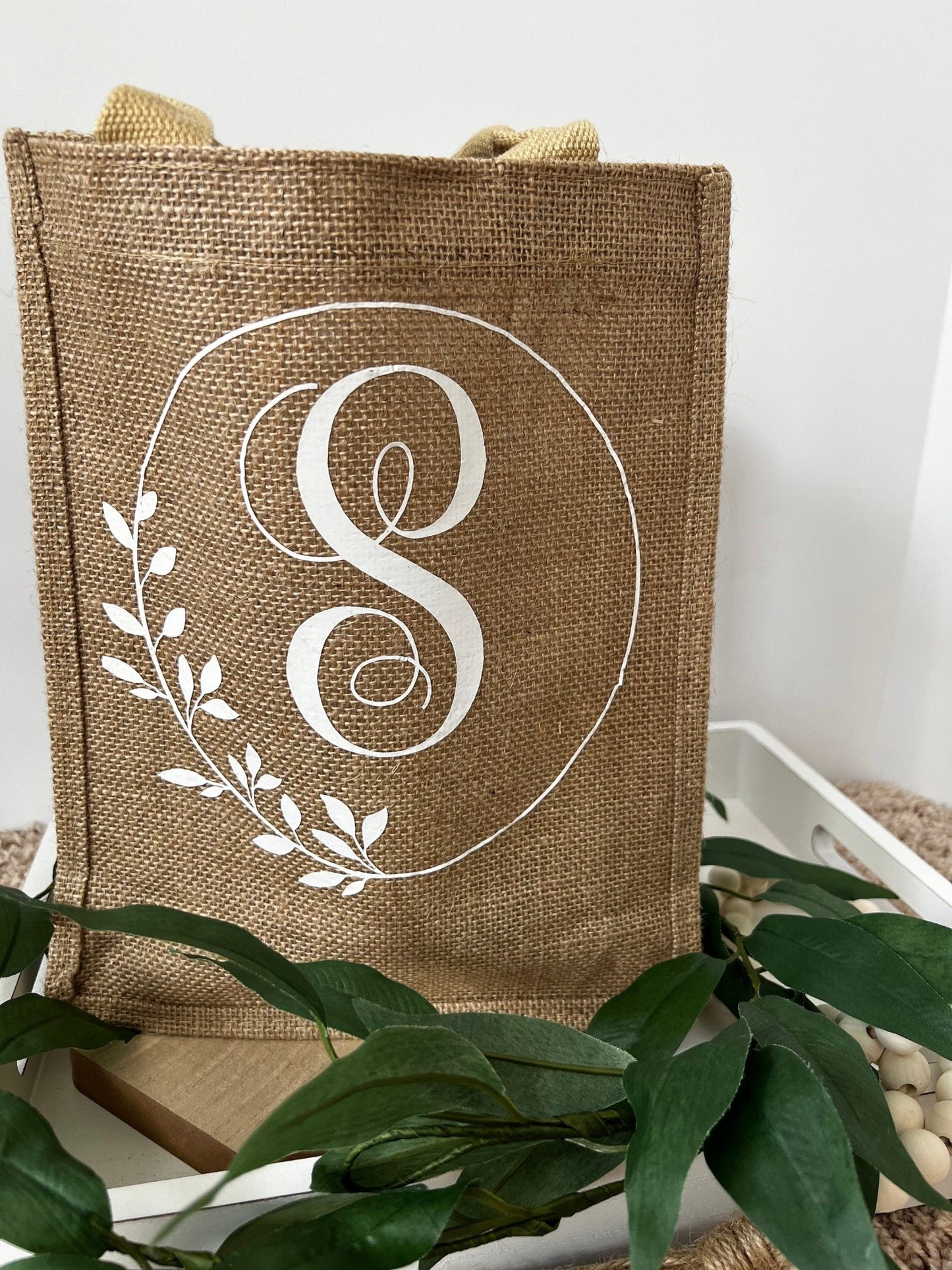 Personalized burlap tote bag with custom initial and detailing - ChambrayandSandCustomGifts