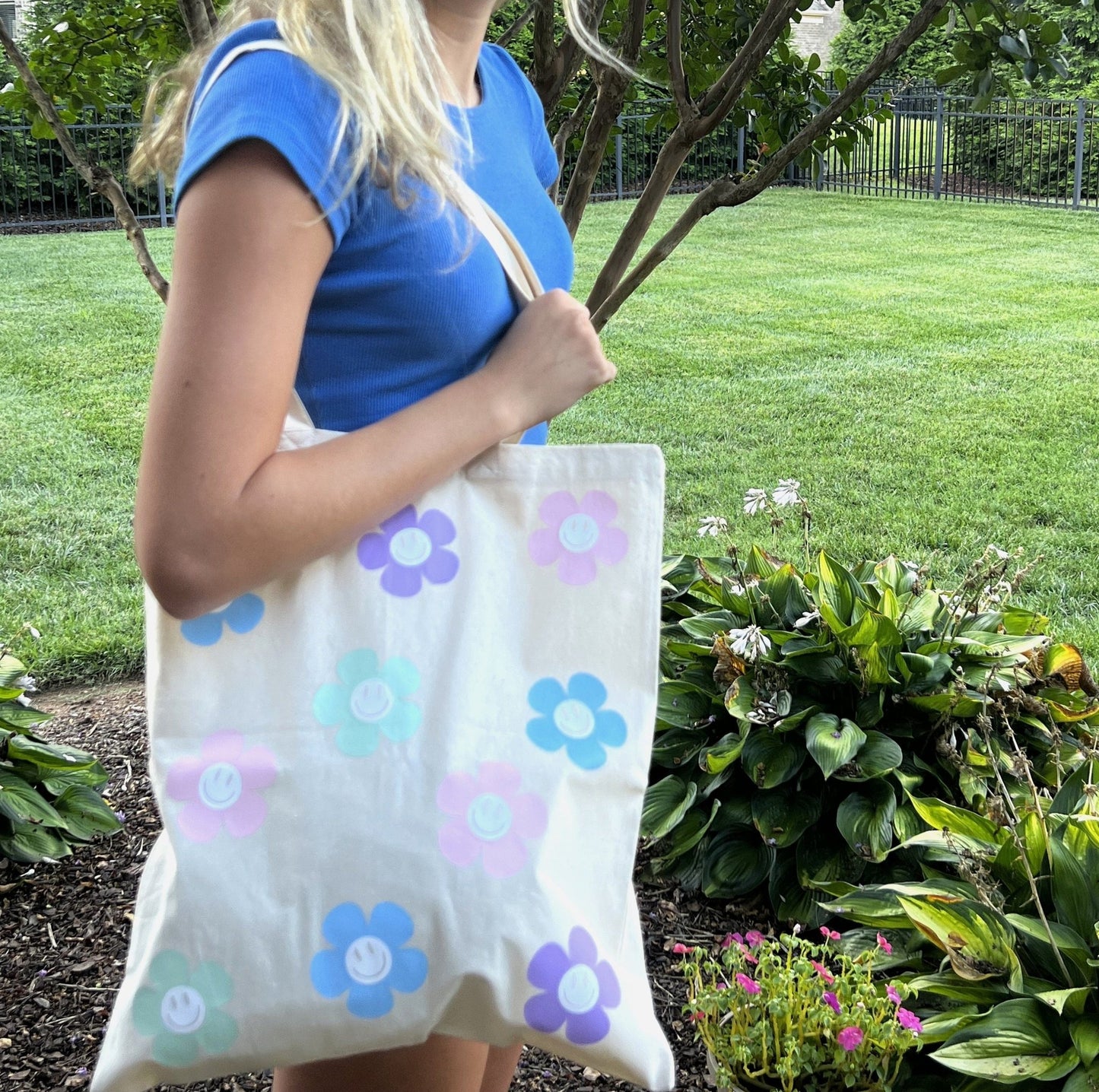 Retro Flower and Smiley Tote | Canvas Tote Bag | Smiley Tote | 100% Cotton Tote Bag - ChambrayandSandCustomGifts