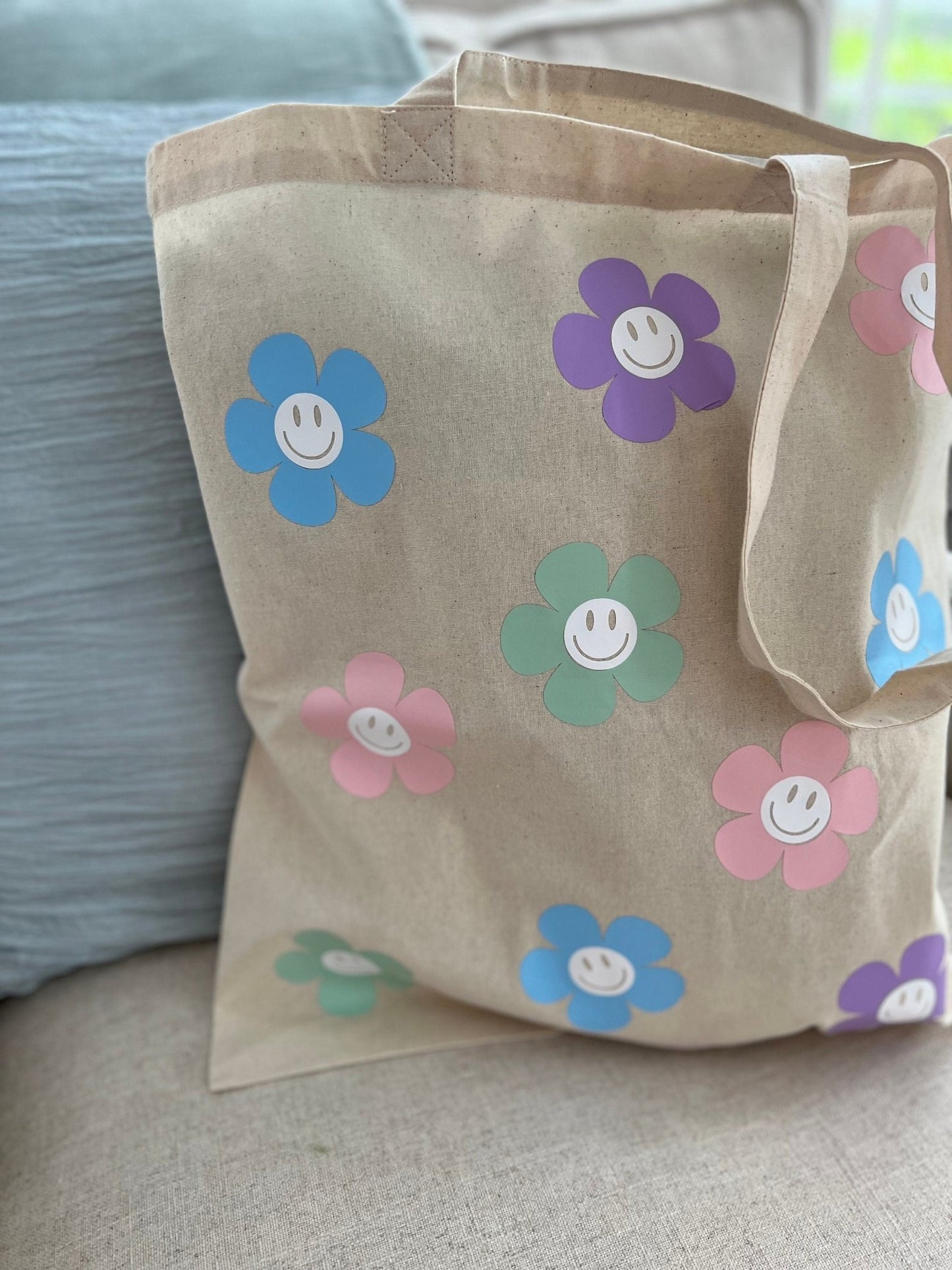 Retro Flower and Smiley Tote | Canvas Tote Bag | Smiley Tote | 100% Cotton Tote Bag - ChambrayandSandCustomGifts