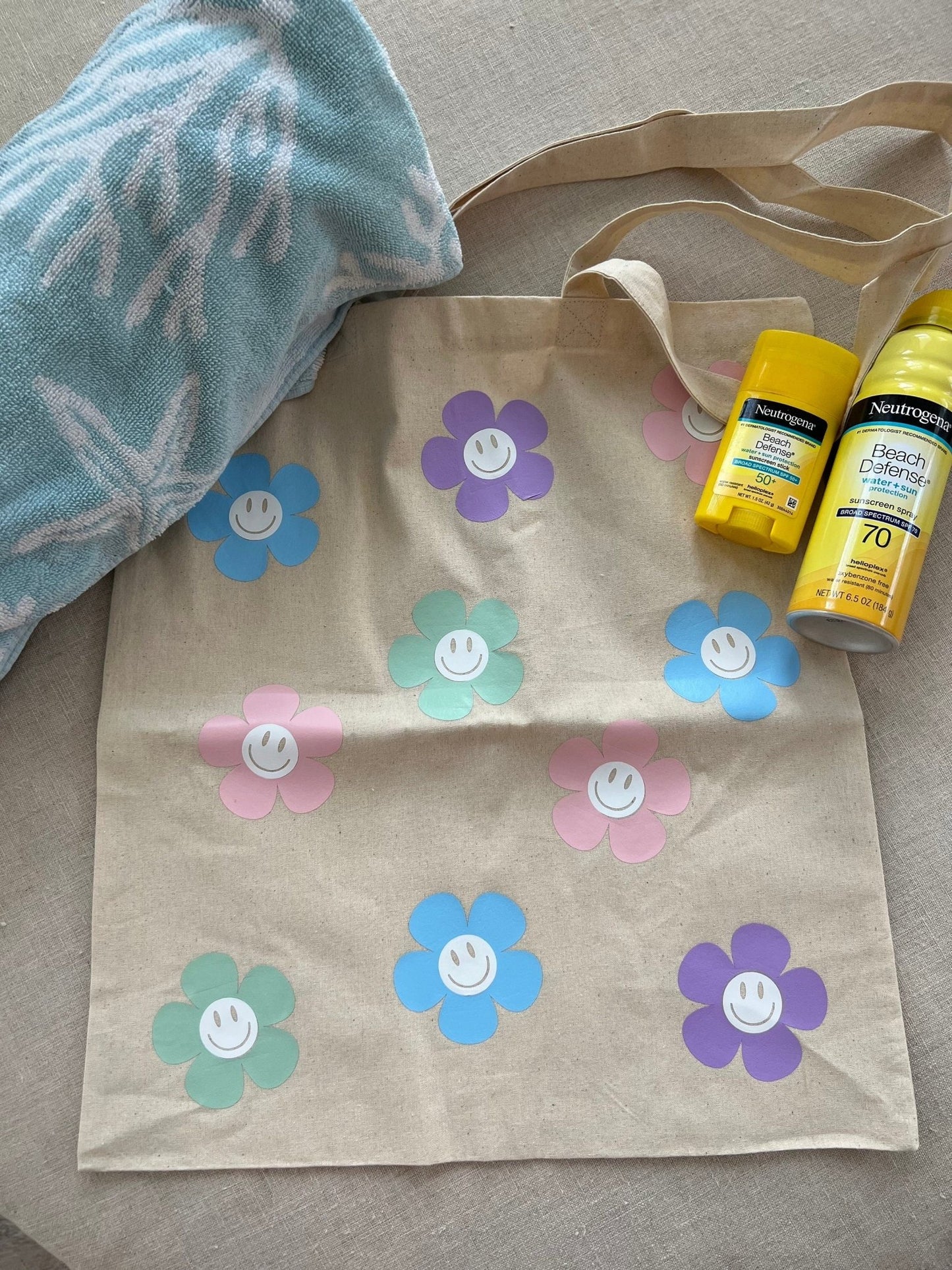 Retro Flower and Smiley Tote | Canvas Tote Bag | Smiley Tote | 100% Cotton Tote Bag - ChambrayandSandCustomGifts