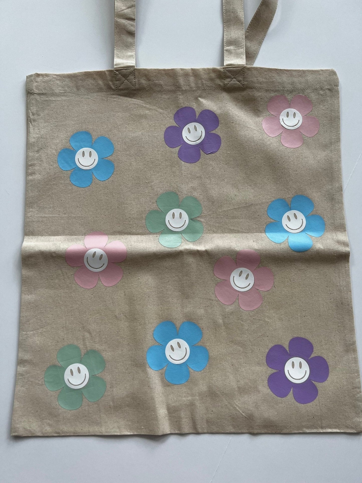 Retro Flower and Smiley Tote | Canvas Tote Bag | Smiley Tote | 100% Cotton Tote Bag - ChambrayandSandCustomGifts