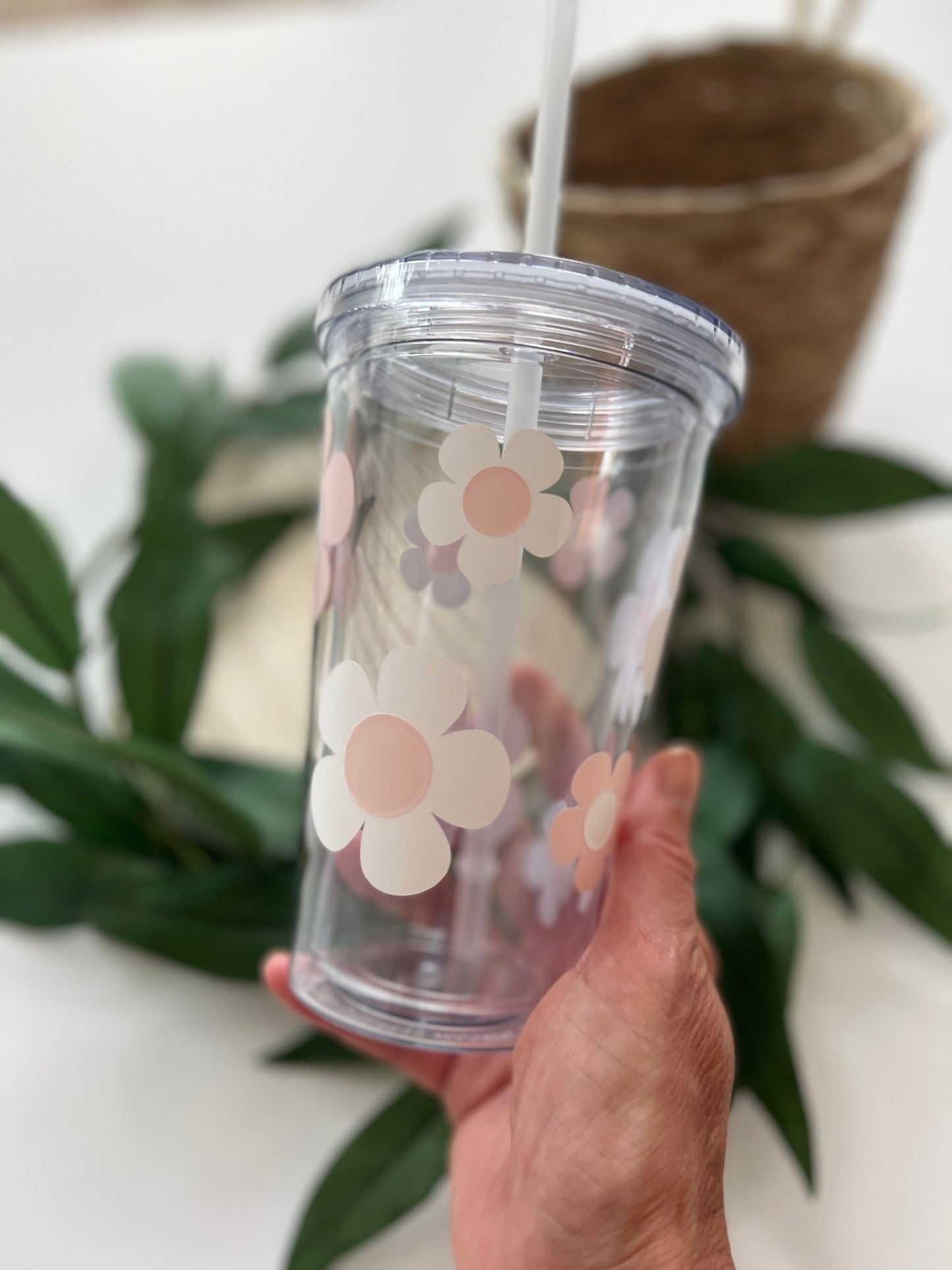 Retro flower pink and white double insulated tumbler - ChambrayandSandCustomGifts