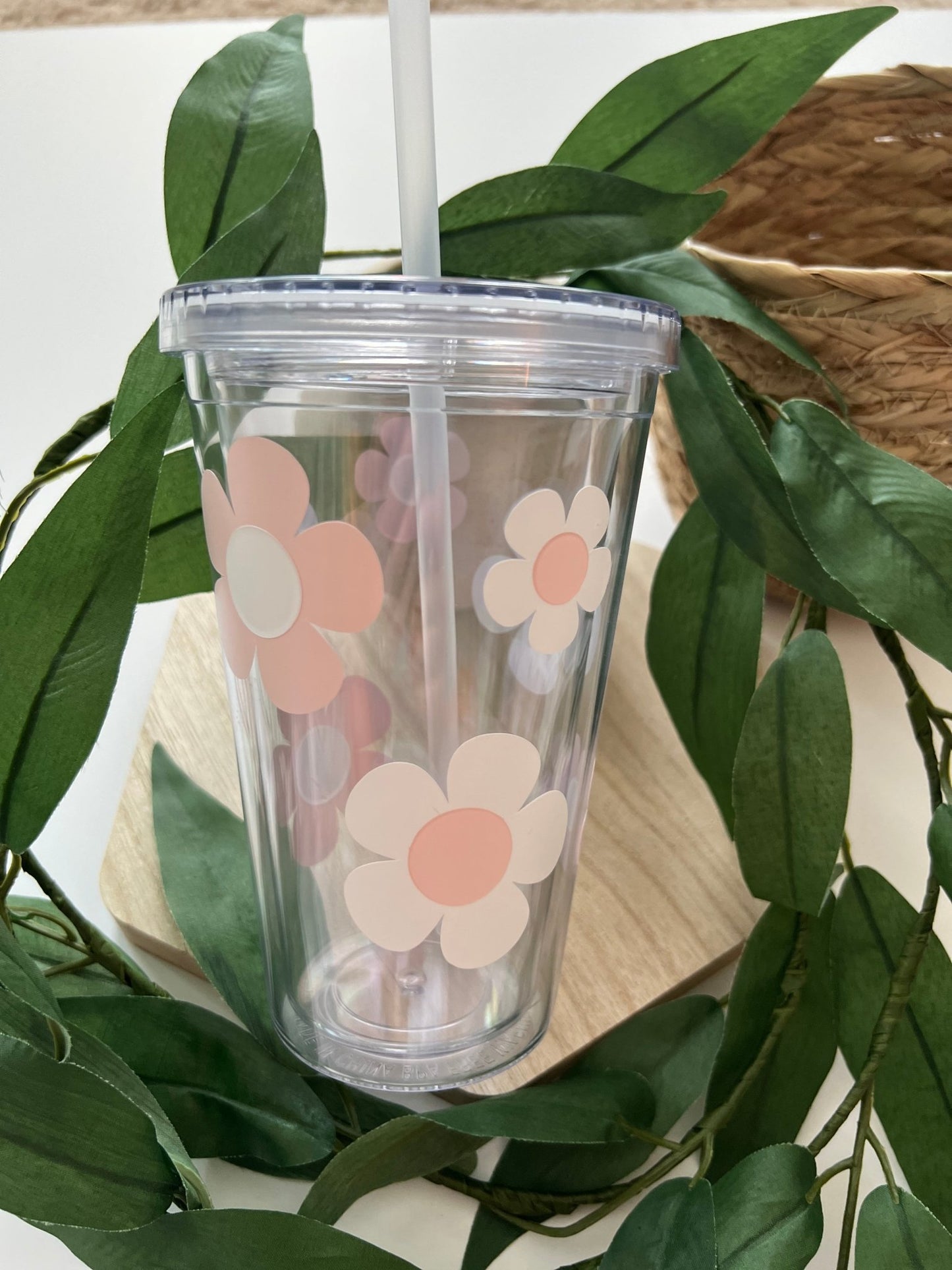 Retro flower pink and white double insulated tumbler - ChambrayandSandCustomGifts