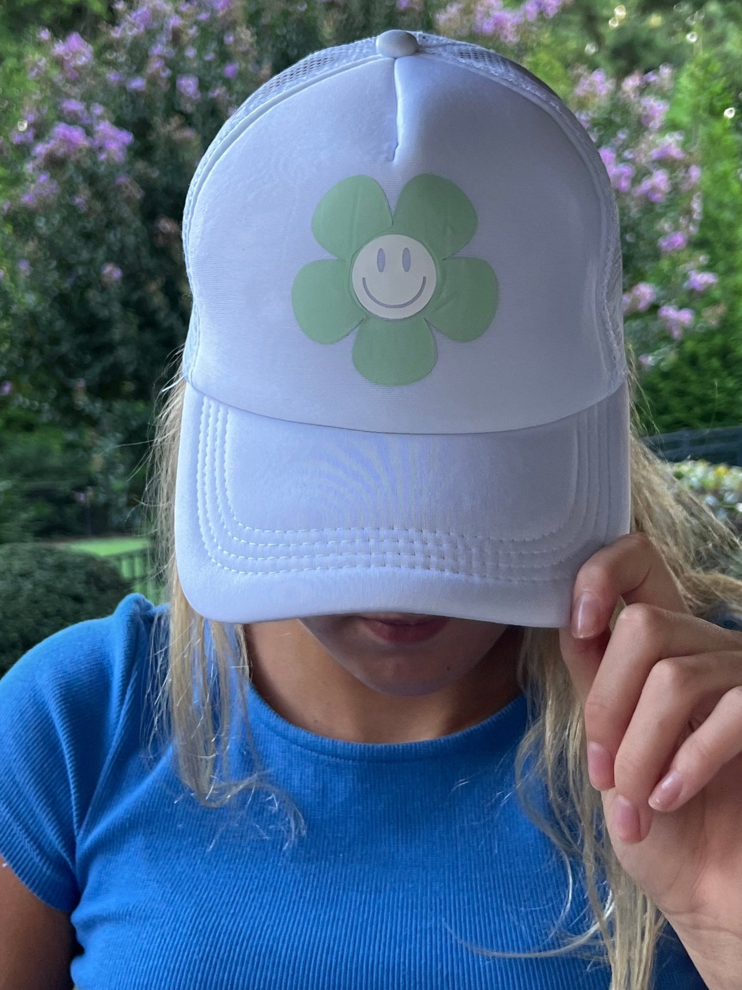 Retro Flower & Smile Face Trucker Hat | Retro Smiley Trucker Hat | Smiley Baseball Hat - ChambrayandSandCustomGifts