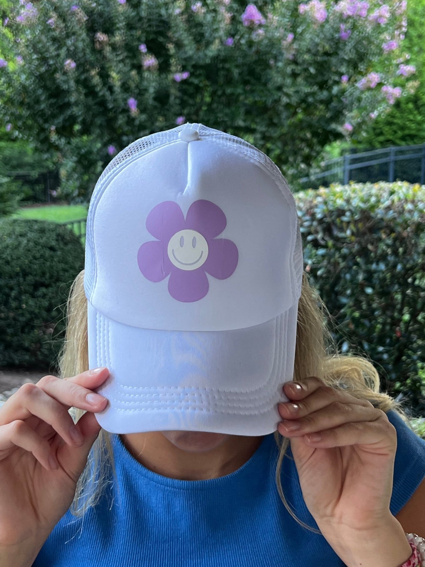 Retro Flower & Smile Face Trucker Hat | Retro Smiley Trucker Hat | Smiley Baseball Hat - ChambrayandSandCustomGifts