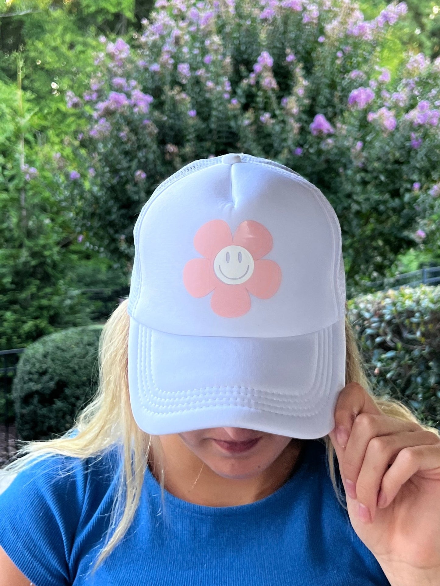 Retro Flower & Smile Face Trucker Hat | Retro Smiley Trucker Hat | Smiley Baseball Hat - ChambrayandSandCustomGifts