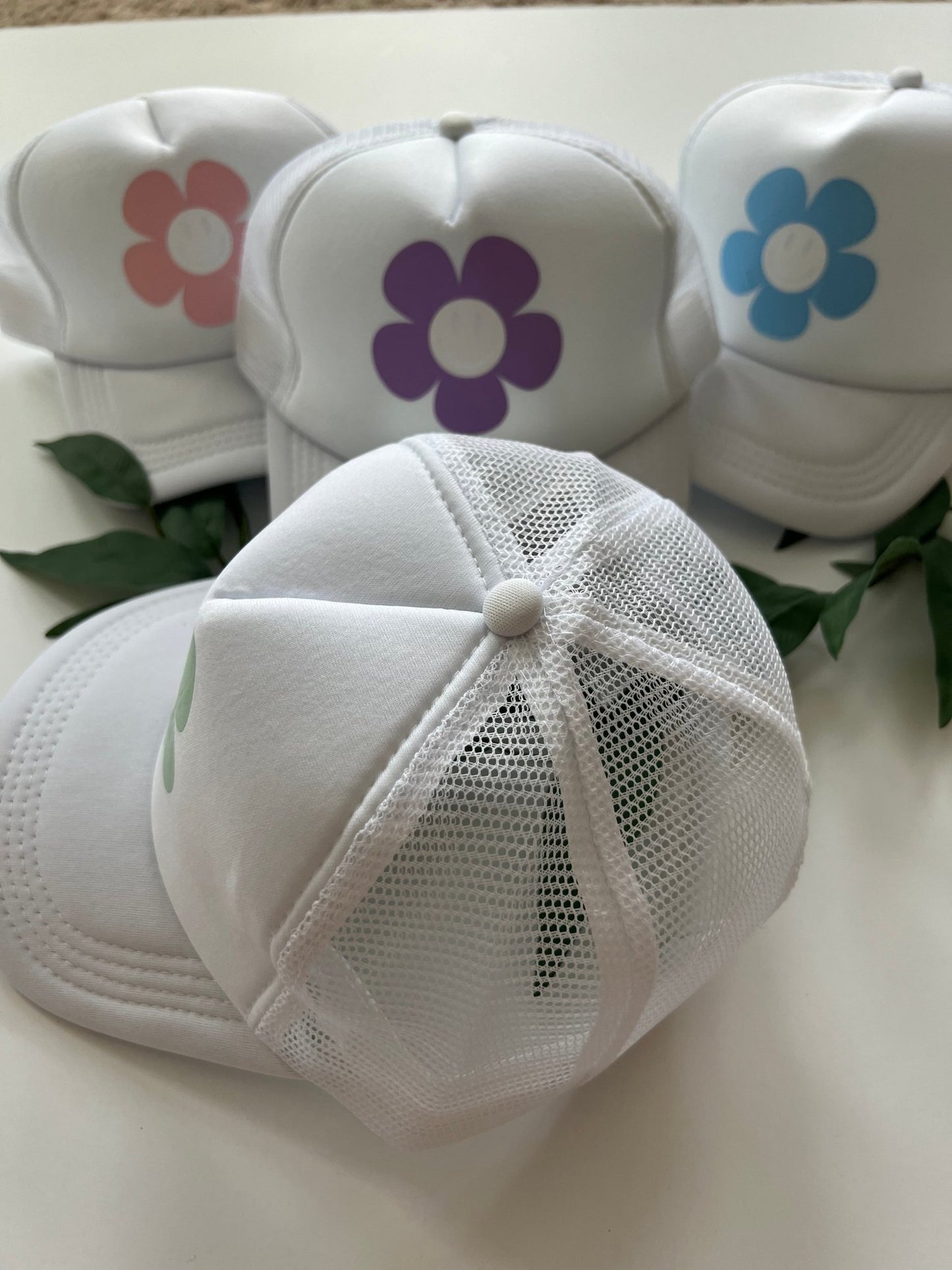 Retro Flower & Smile Face Trucker Hat | Retro Smiley Trucker Hat | Smiley Baseball Hat - ChambrayandSandCustomGifts