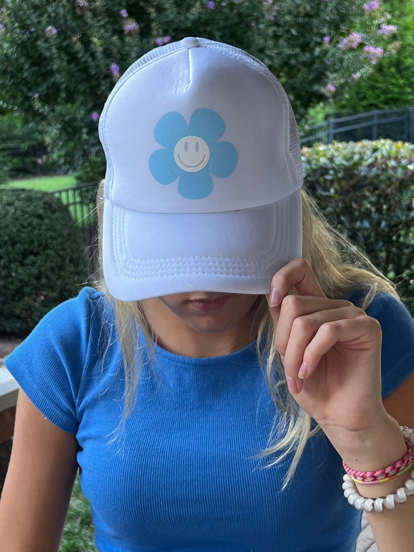 Retro Flower & Smile Face Trucker Hat | Retro Smiley Trucker Hat | Smiley Baseball Hat - ChambrayandSandCustomGifts