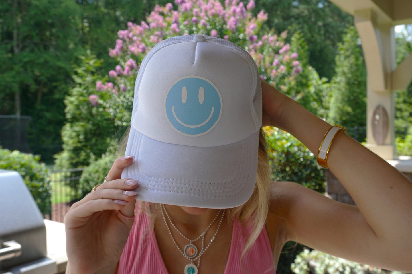 Smiley Face Trucker Hat | Retro Smiley Trucker Hat | Smiley Baseball Hat - ChambrayandSandCustomGifts
