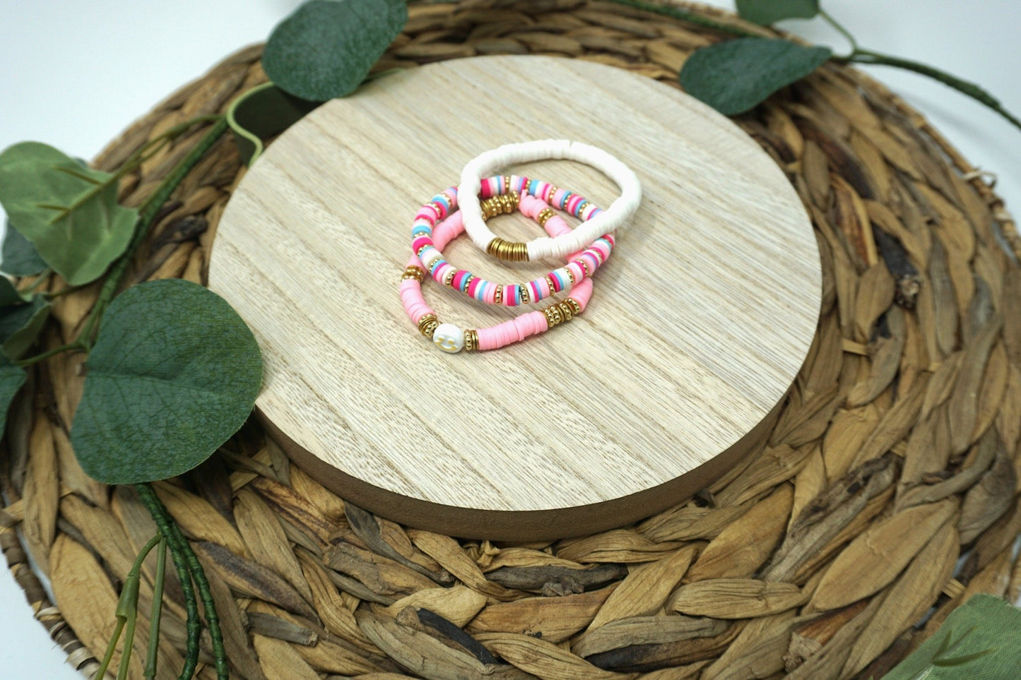 Stack Bracelet Set | The Pink Smiley Collection | Handmade Heishi Bracelet Stack - ChambrayandSandCustomGifts