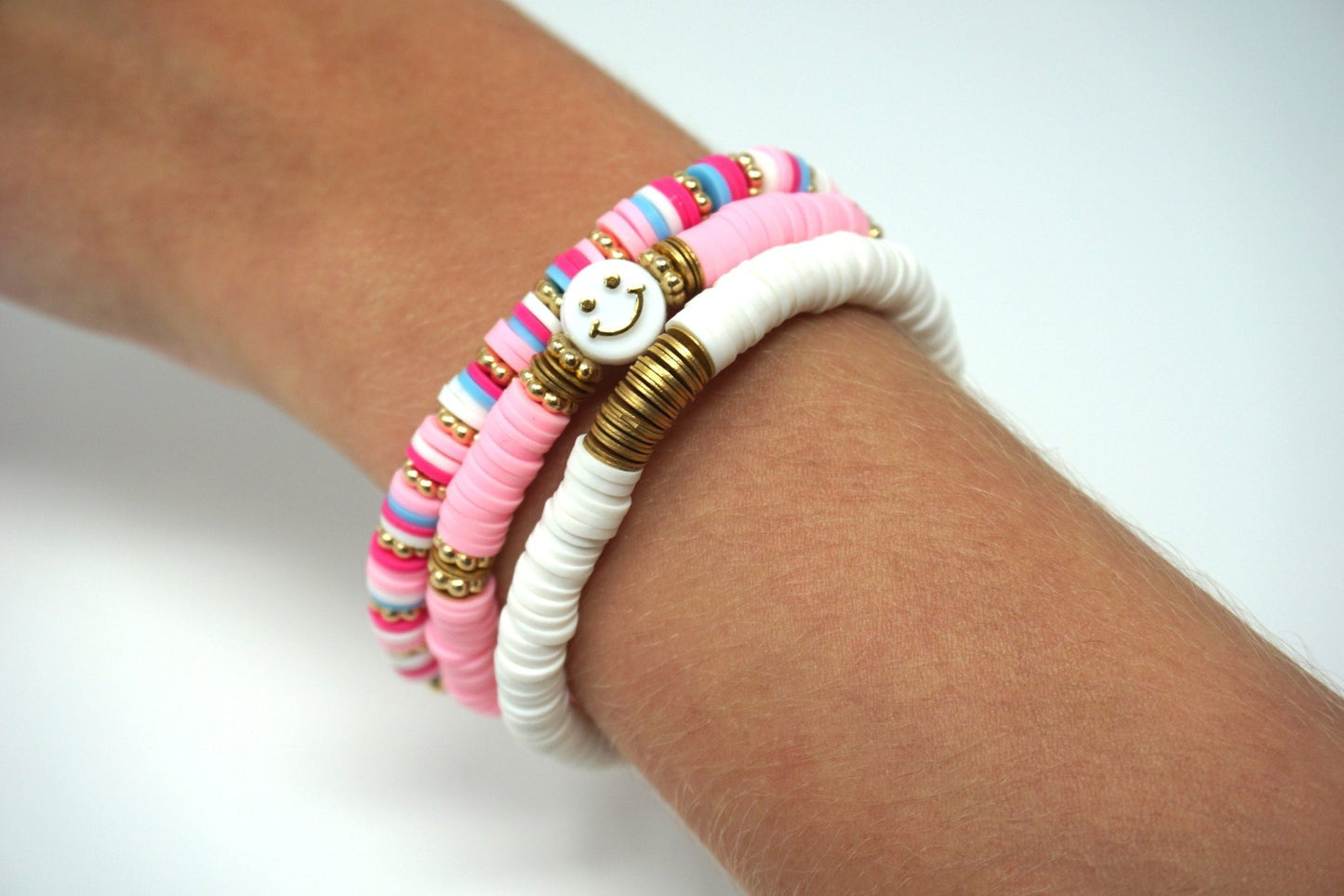Stack Bracelet Set | The Pink Smiley Collection | Handmade Heishi Bracelet Stack - ChambrayandSandCustomGifts