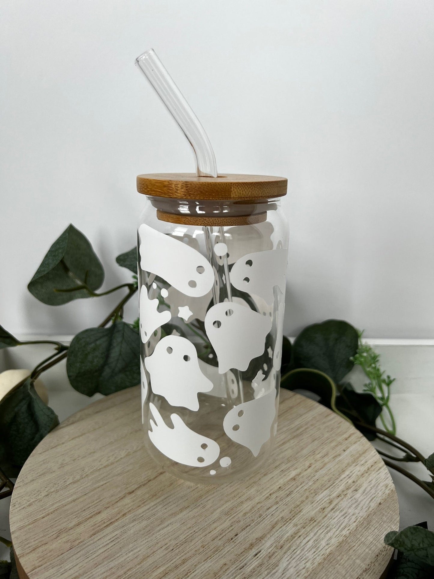 White Ghost Beer Can Glass with Bamboo Lid and Glass Straw - ChambrayandSandCustomGifts