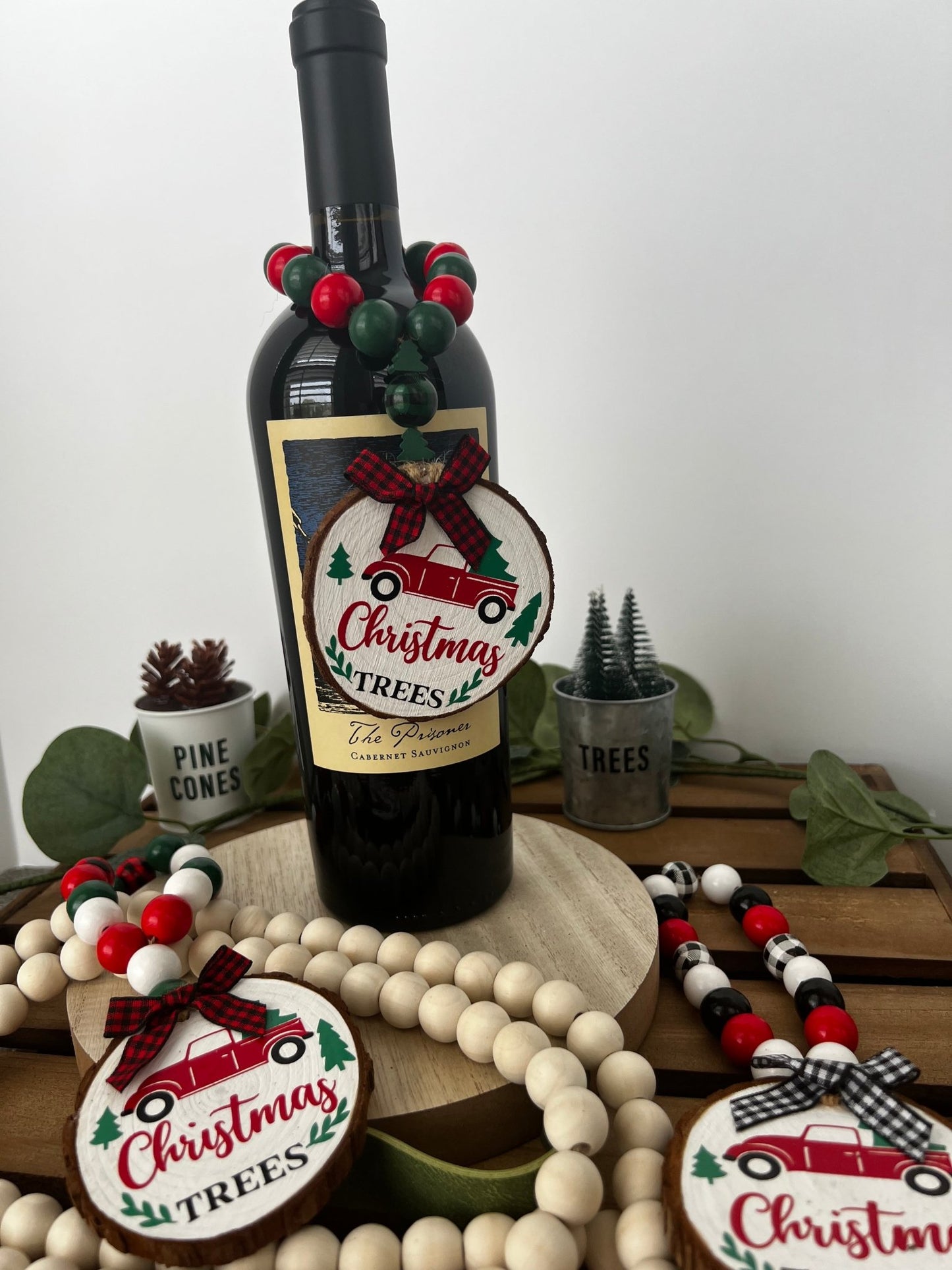 Wine Bottle Gift Hang Tag with Wood Bead - Iconic Red Truck Christmas Tree - ChambrayandSandCustomGifts