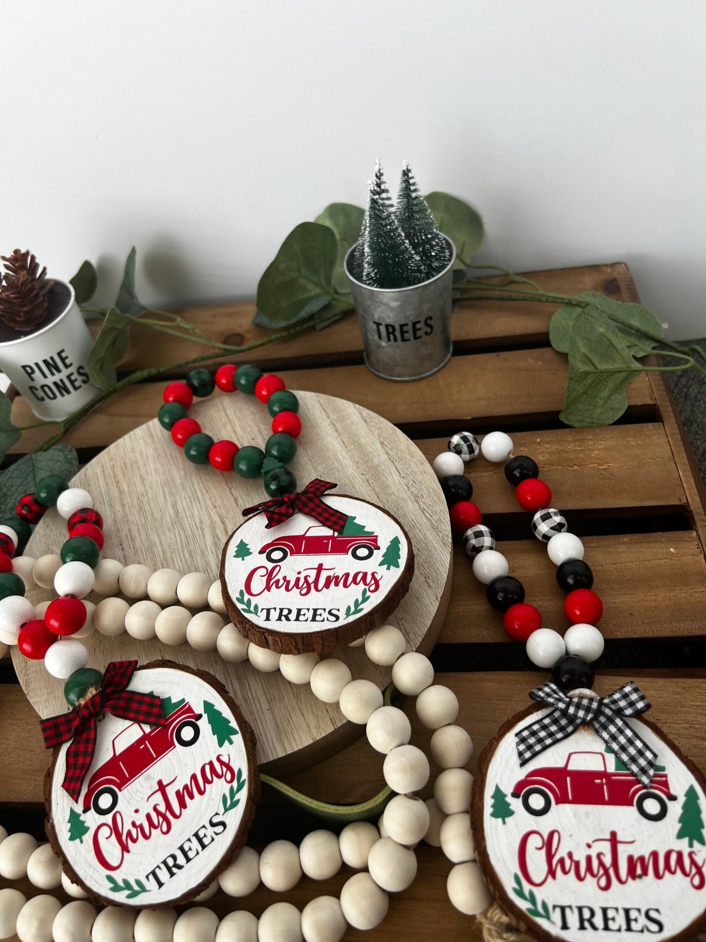 Wine Bottle Gift Hang Tag with Wood Bead - Iconic Red Truck Christmas Tree - ChambrayandSandCustomGifts
