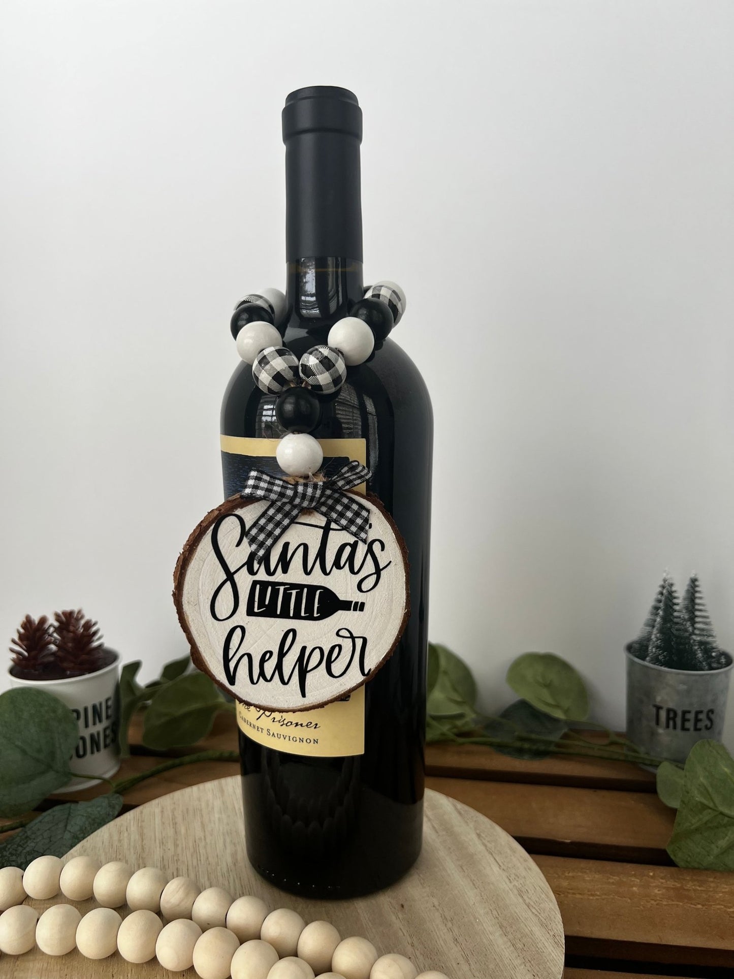 Wine Bottle Gift Hang Tag with Wood Bead - Santa's Little Helper - ChambrayandSandCustomGifts