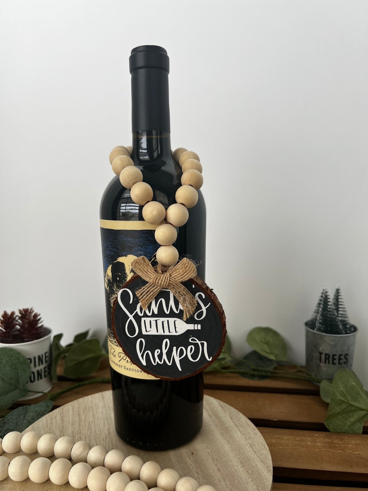 Wine Bottle Gift Hang Tag with Wood Bead - Santa's Little Helper - ChambrayandSandCustomGifts