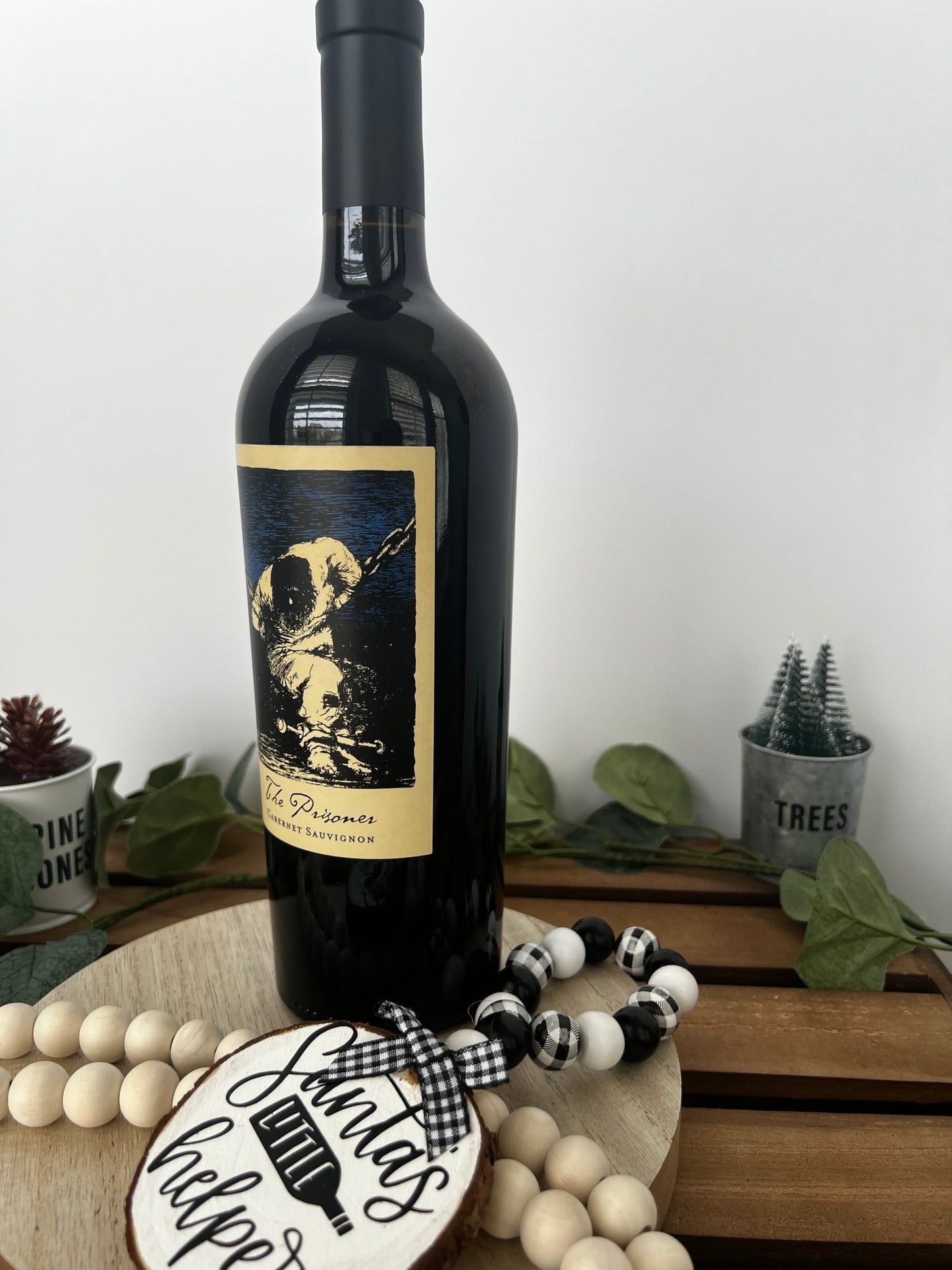 Wine Bottle Gift Hang Tag with Wood Bead - Santa's Little Helper - ChambrayandSandCustomGifts