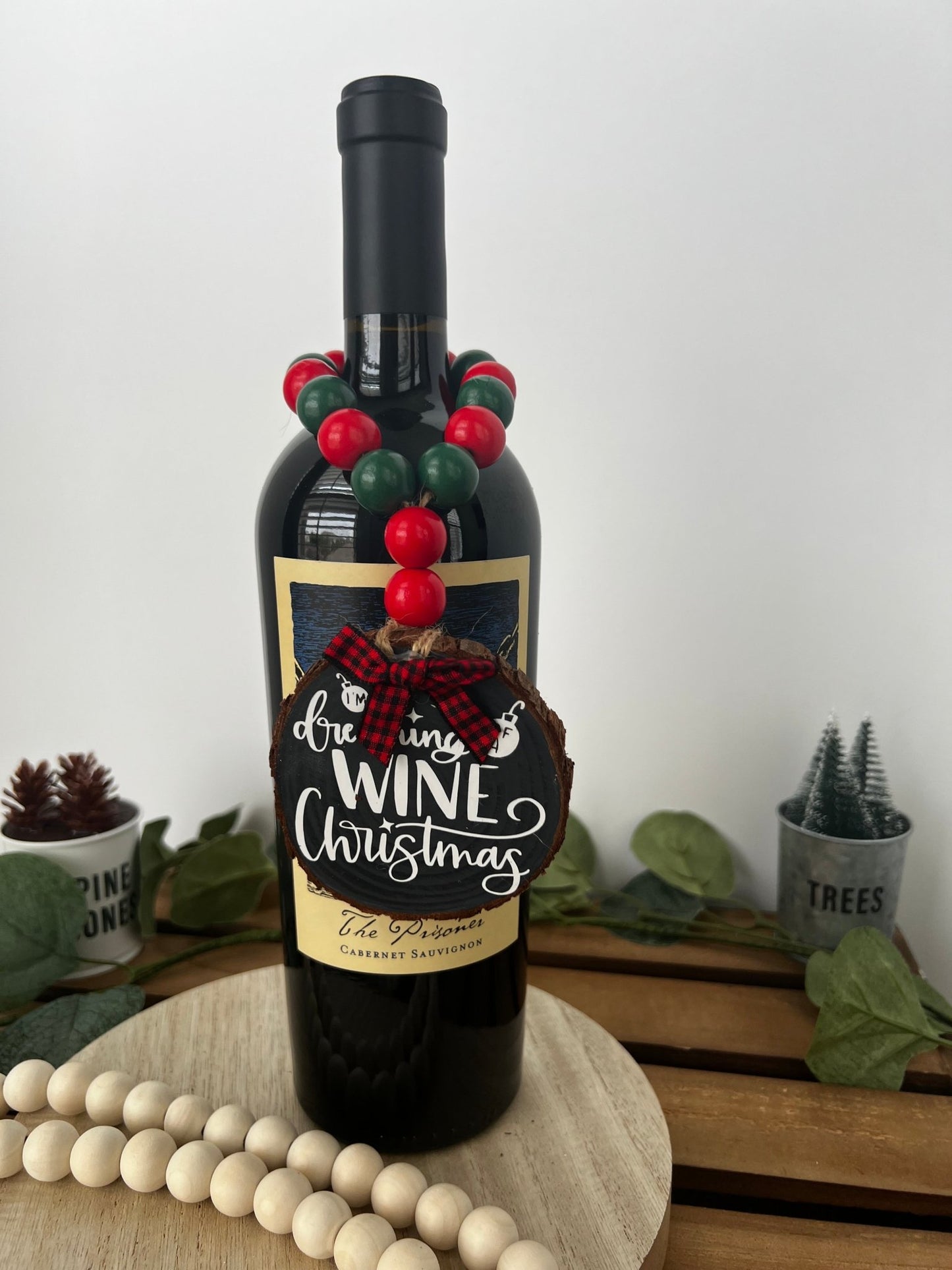 Wine Bottle Hang Tag with Wood Bead Dreaming of a Wine Christmas - ChambrayandSandCustomGifts