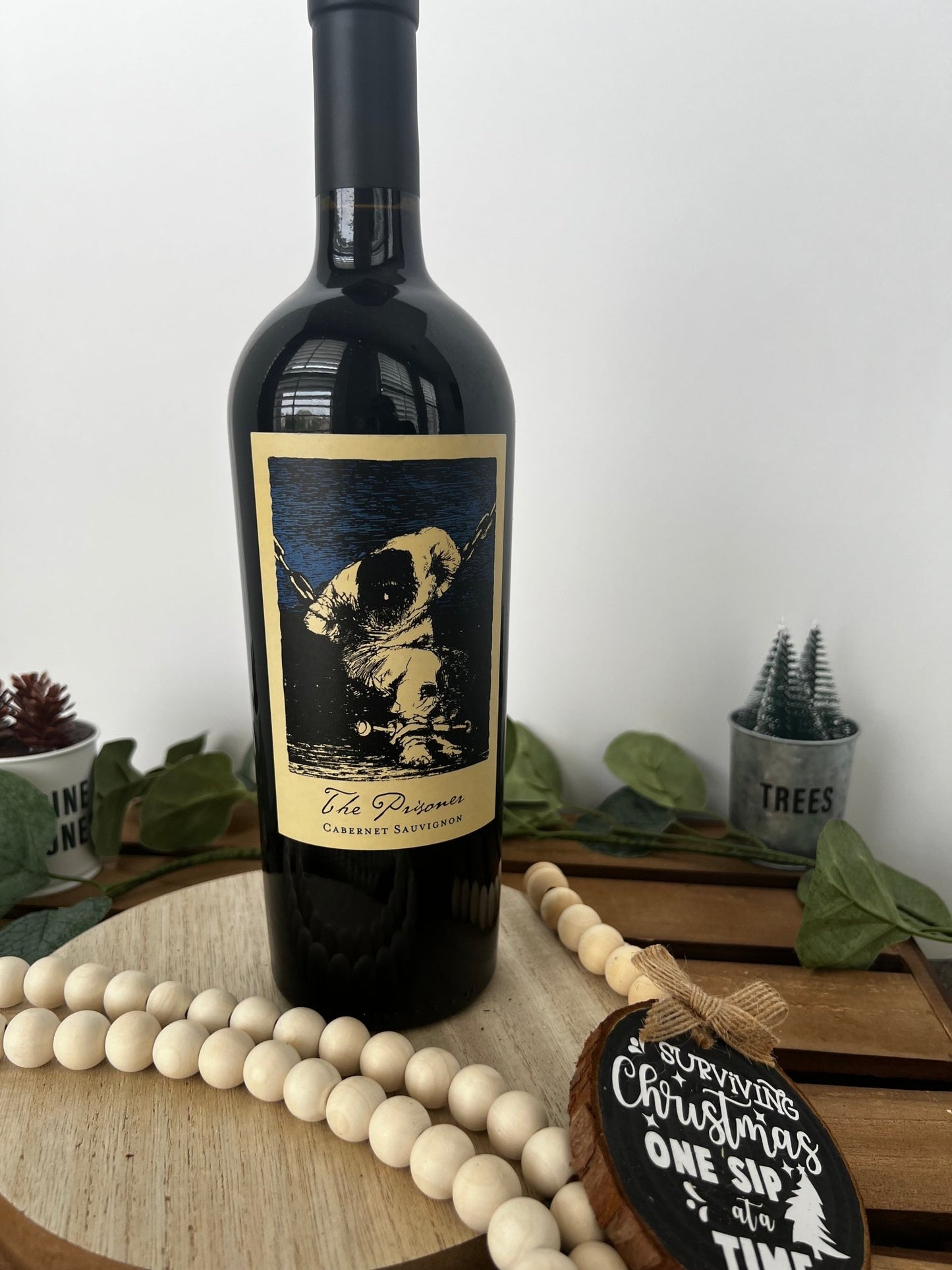 Wine Bottle Hang Tag with Wood Bead - Surviving Christmas One Sip at a Time - ChambrayandSandCustomGifts